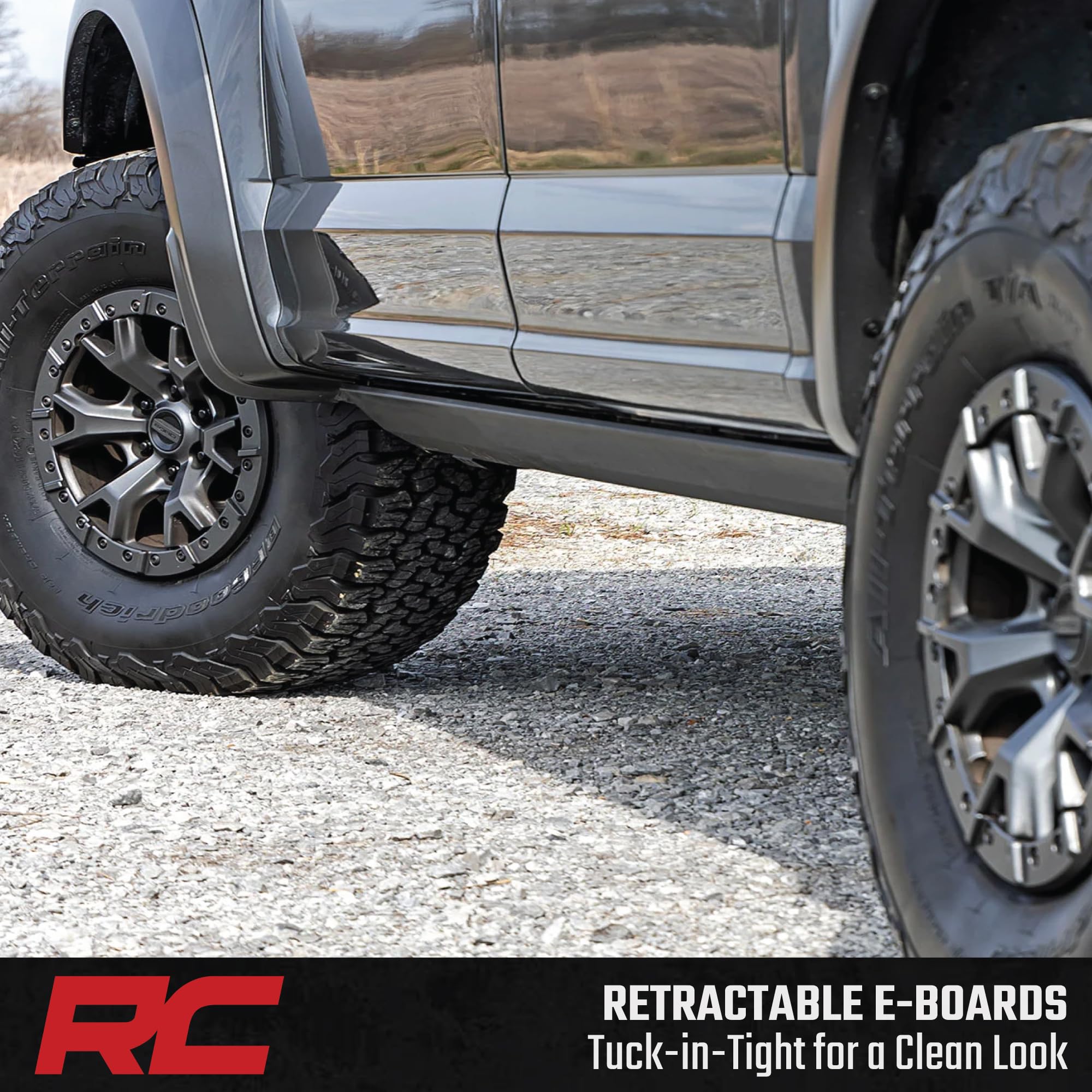 Rough Country Power Running Boards with LED Step Lights for Crew Cab Ford F-150 Lightning/F-250/F-350/Raptor (2015-2026) - Retractable Electric Side Steps, Non-Slip Aluminum Design