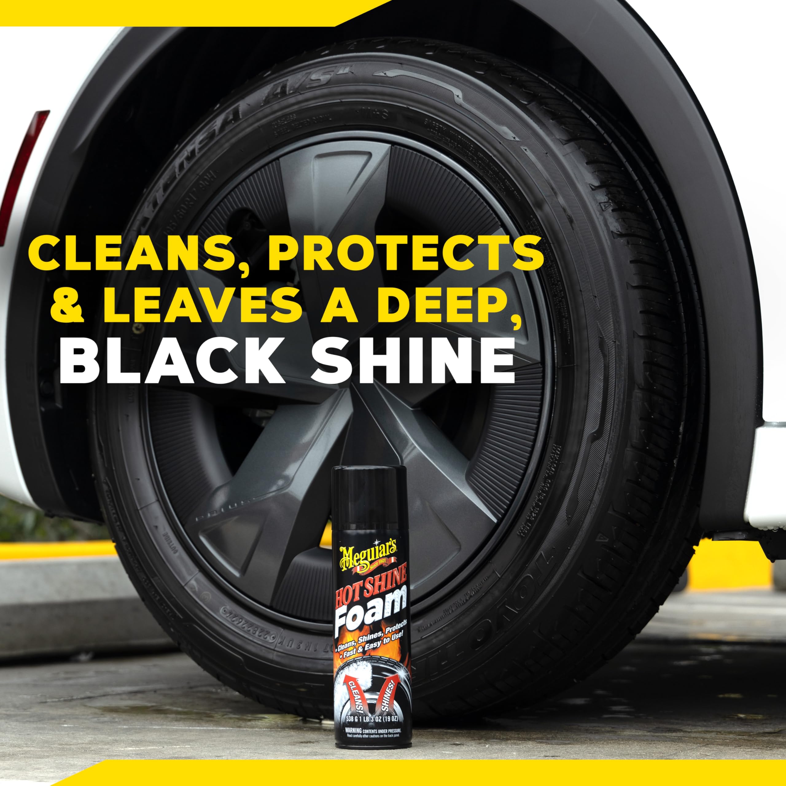 Hot Shine Meguiar's Tire Foam, High Gloss Tire Shine That Cleans, Shines, and Protects in One Step, Deep, Black Shine with Conditioners and UV Protection, Best Gifts for Car Lovers, 19 Oz Aerosol