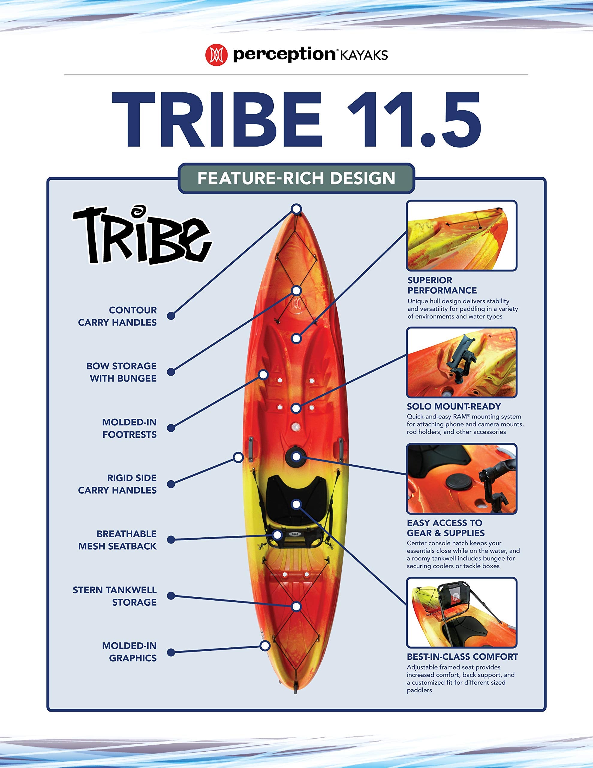 Tribe Perception 11.5 | Sit on Top Kayak for All-Around Fun | Large Rear Storage with Tie Downs | 11' 5" | Déjà vu