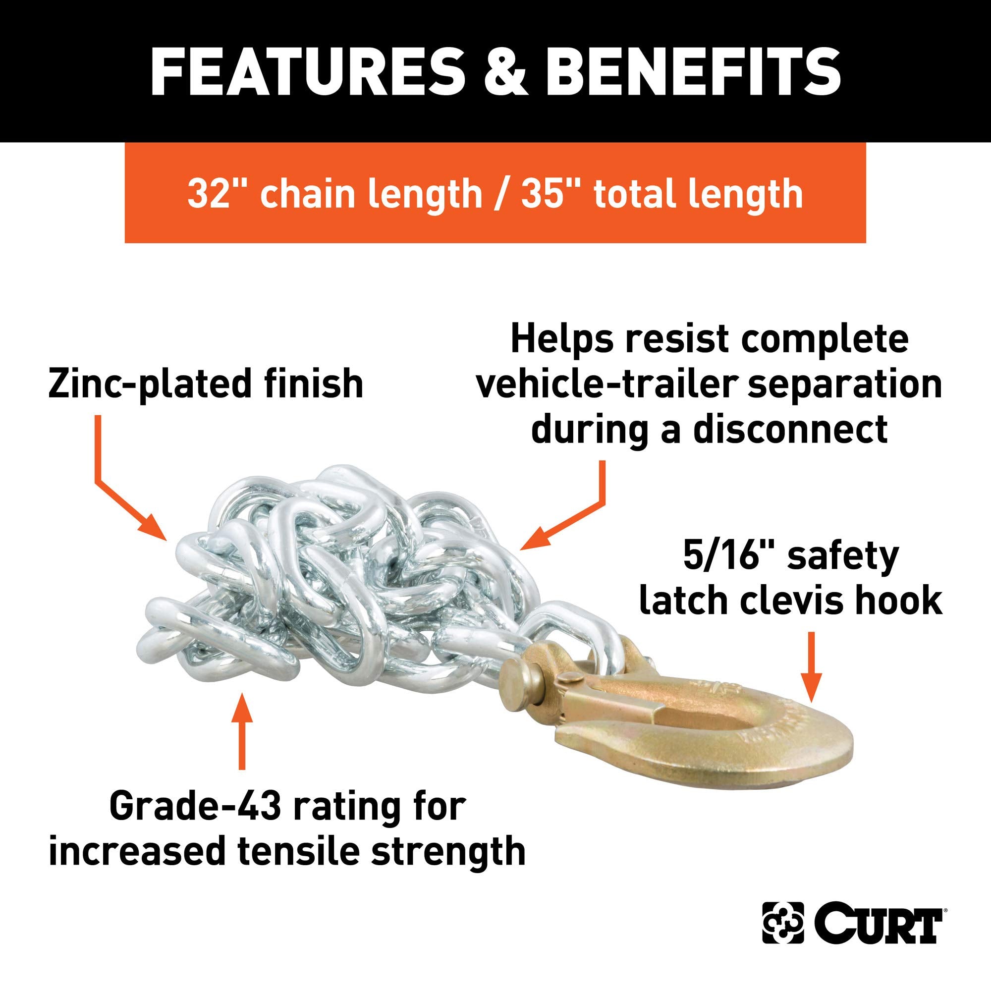 CURT 35-Inch Trailer Safety Chain with 5/16-In Clevis Snap Hook, 11,700 lbs Break Strength