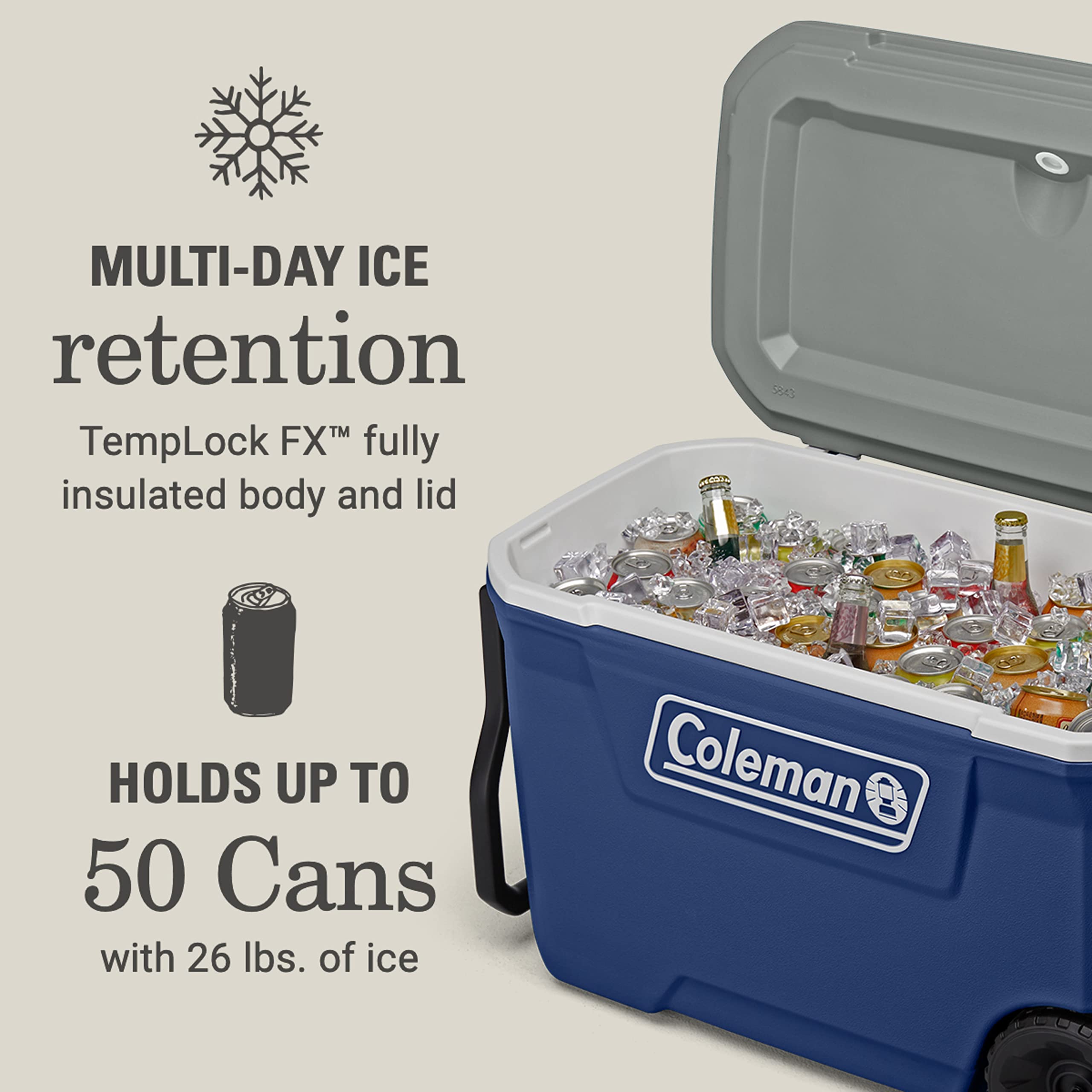 Coleman Insulated Classic Series Portable Rolling Cooler with Wheels, Leak-Resistant Outdoor Hard Cooler Keeps Ice up to 5 Days, 62-Quart