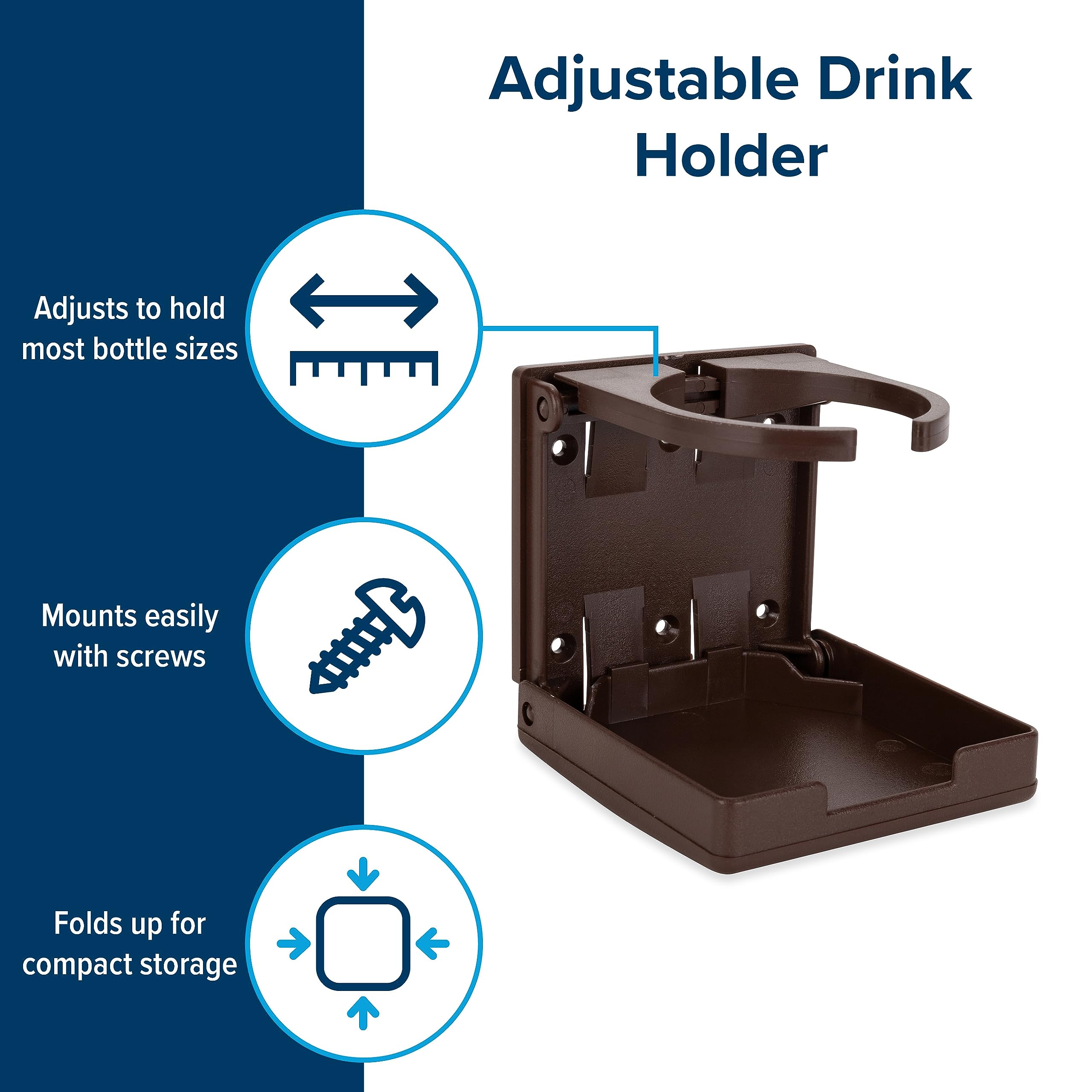 Camco Drink Holder Camper/RV - Features Adjustable Space-Saving Design & Holds Almost Any Size Mug, Cup, Bottle or Can - Extra Cup Holder for Cars, Trucks, RVs, Vans, Boats, and More - Brown (44043)