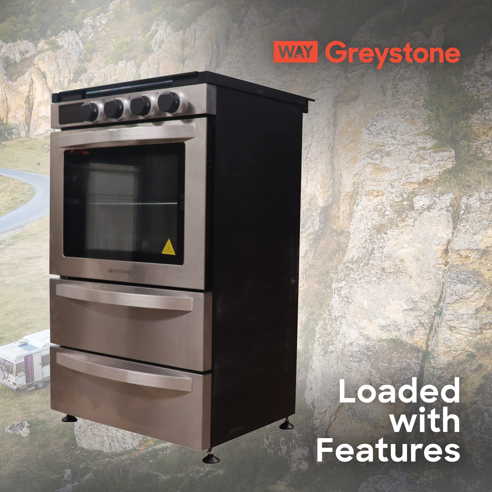 21 Inch Greystone Freestanding RV Gas Range, Stove and Oven Combo, 12 Volt, LP, 3 Burners, Stainless Steel
