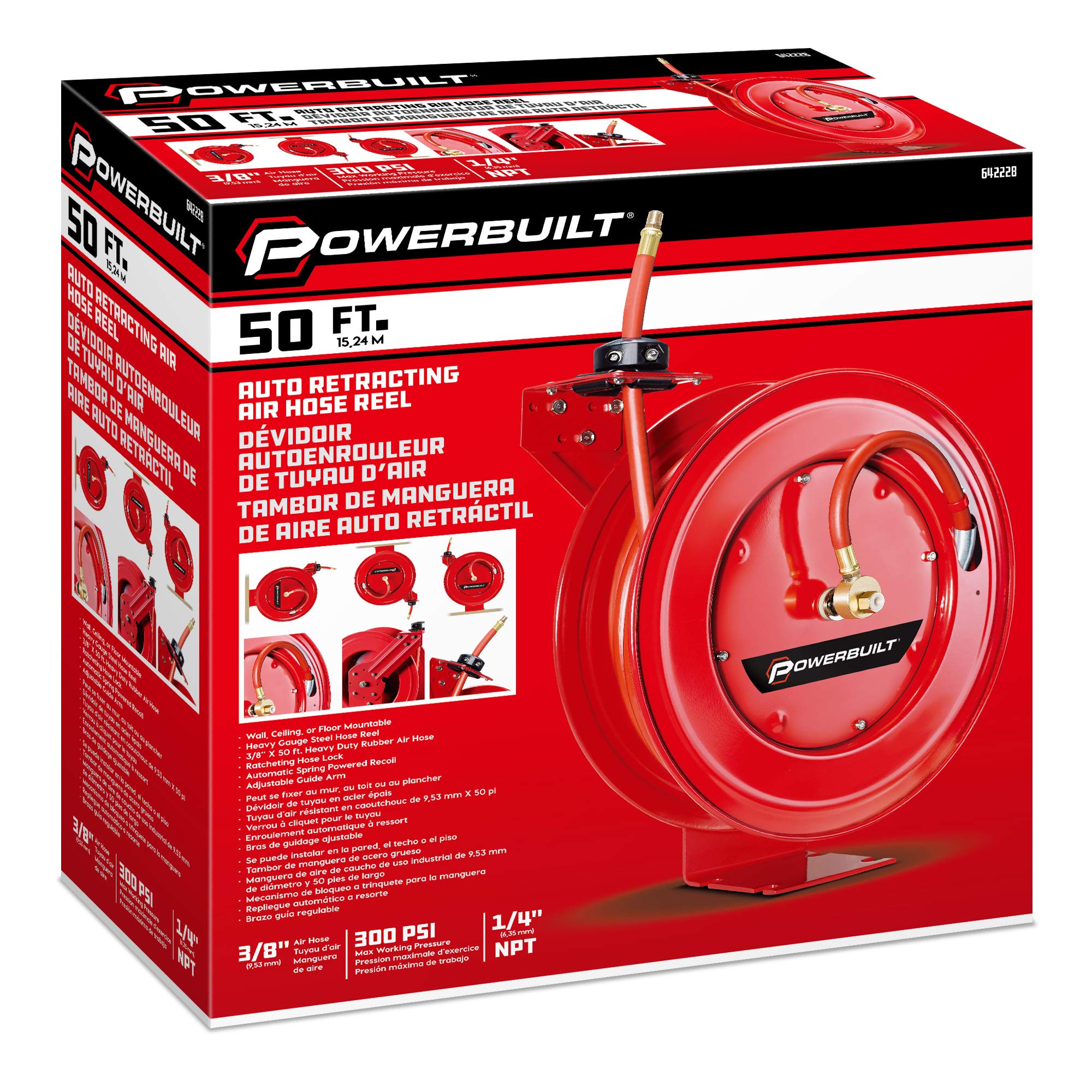Powerbuilt Heavy Duty Auto Retracting Hose Reel with 3/8 Inch by 50 Foot Air, Max 300 PSI, Ceiling/Wall Mounted Heavy Duty Industrial Commercial Air Compressor Hose Reel - 642228