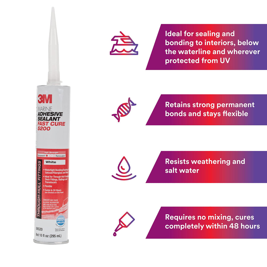 3M Marine Adhesive Sealant 5200 Fast Cure (06520) Permanent Bonding and Sealing for Boats and RVs Above and Below the Waterline Waterproof Repair, White, 10 fl oz Cartridge