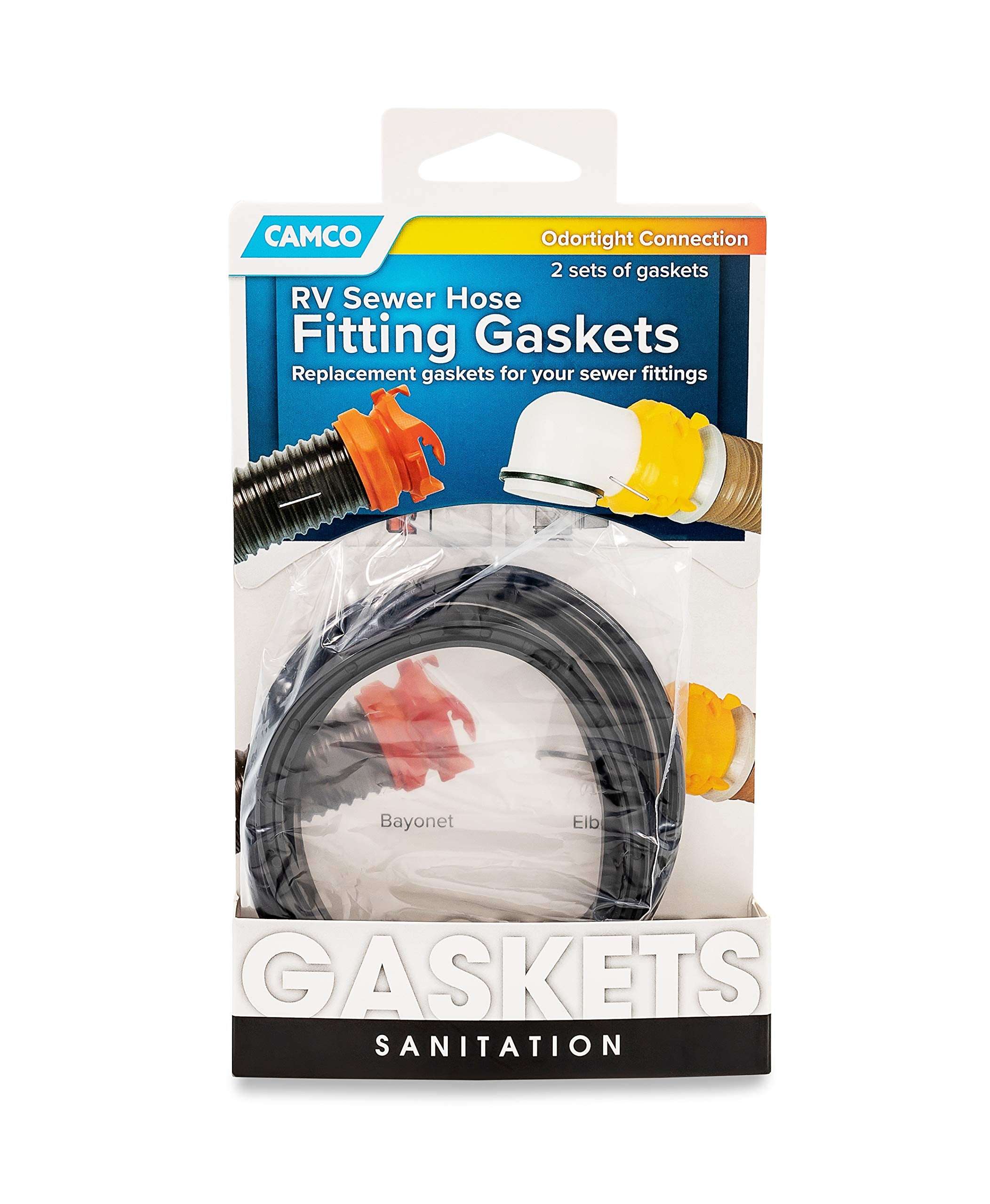 Camco Replacement Sewer Hose Gasket - Replacement Gaskets for RV Sewer Fittings to Ensure an Odor Tight Seal | Two Bayonet & Two 4-in-1 Gaskets - 4 Pack (39834), Black