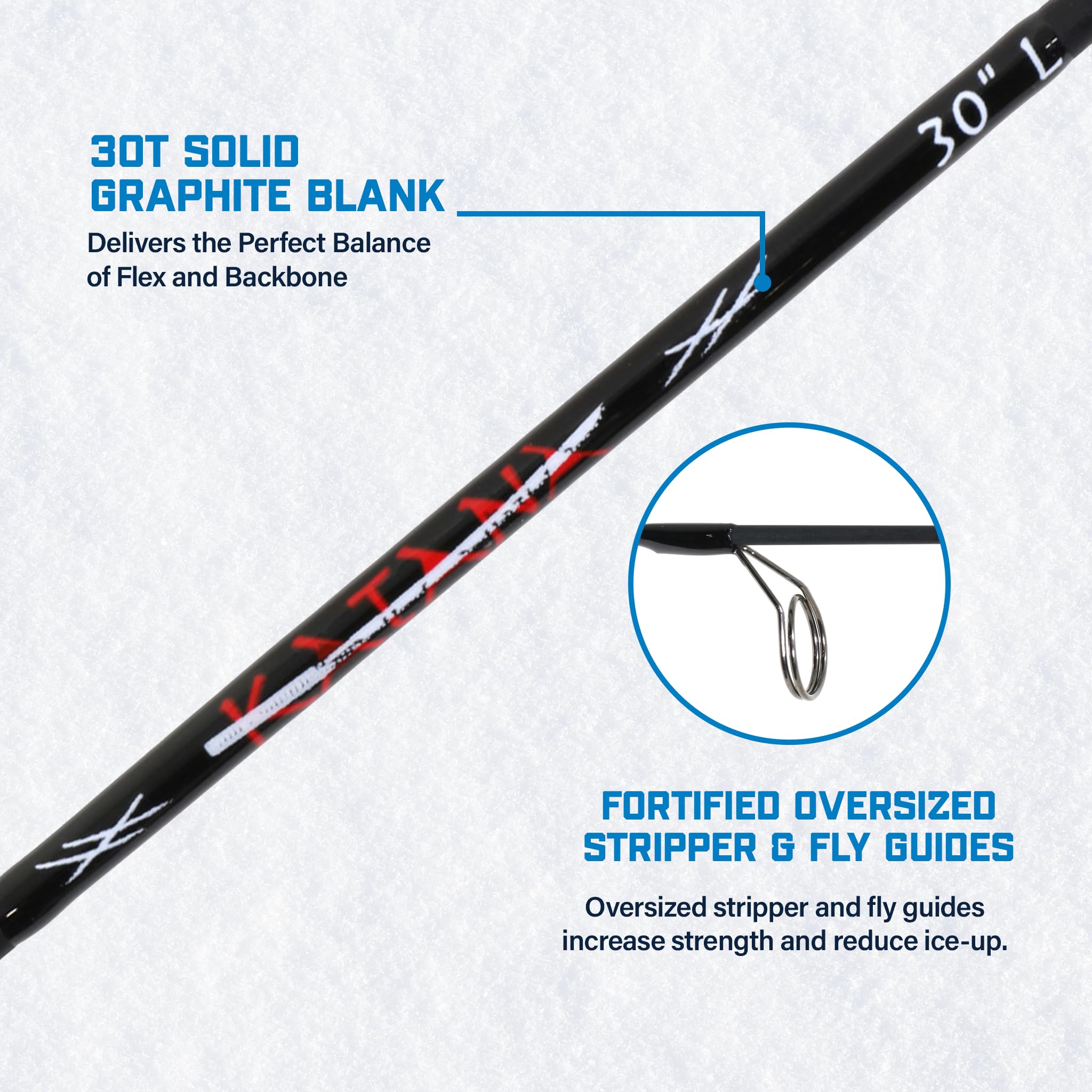 30” Katana Light Ice Fishing Rod – 30T Solid Graphite Rod with Tsuka Lightweight Handle, Oversized Fly Guides & Carbon Blank – Ultra-Sensitive Ice Rod for Panfish, Perch & Finesse Jigging