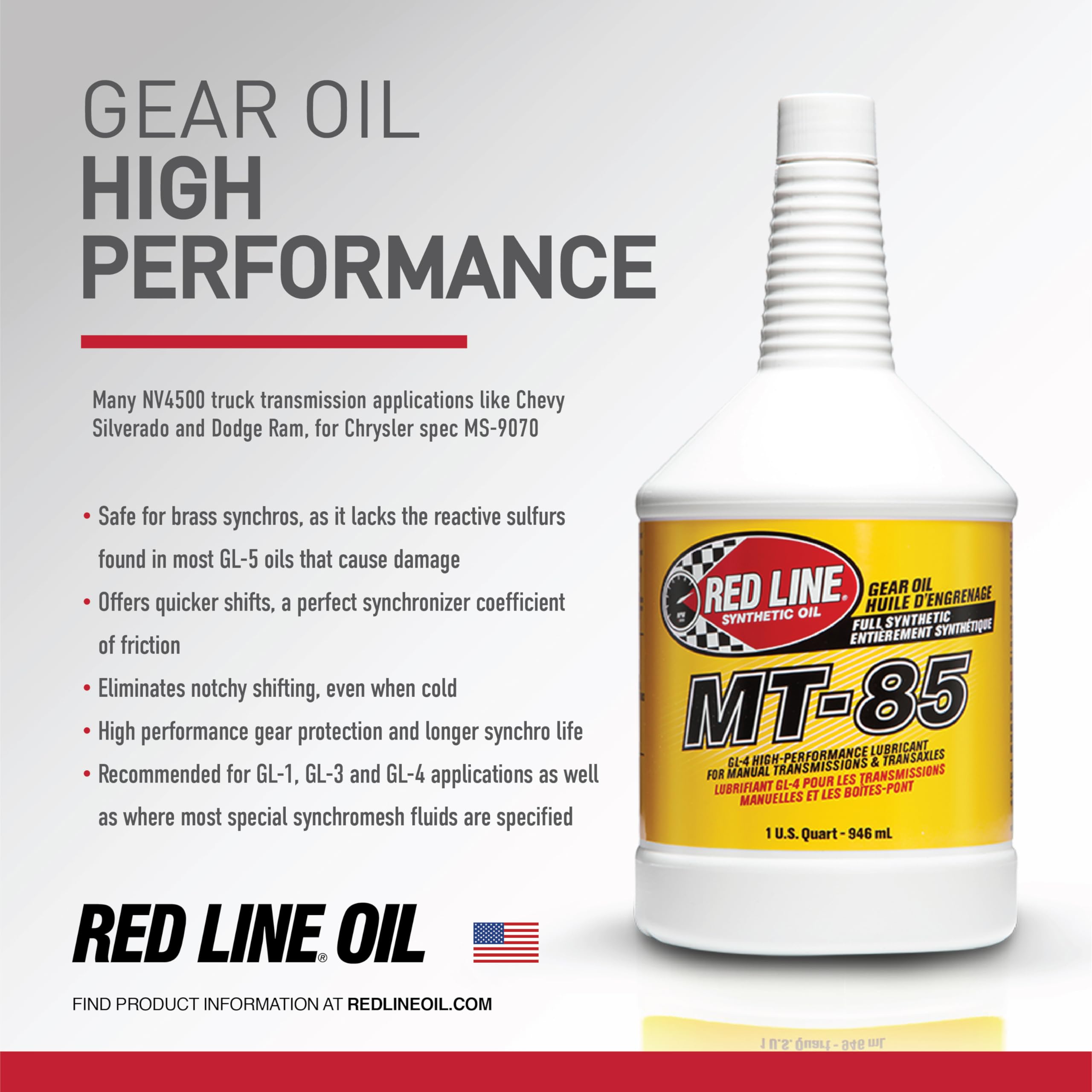 50504 Red Line MT-85 Manual Transmission 75W85 GL-4 Gear Oil - 1 Quart