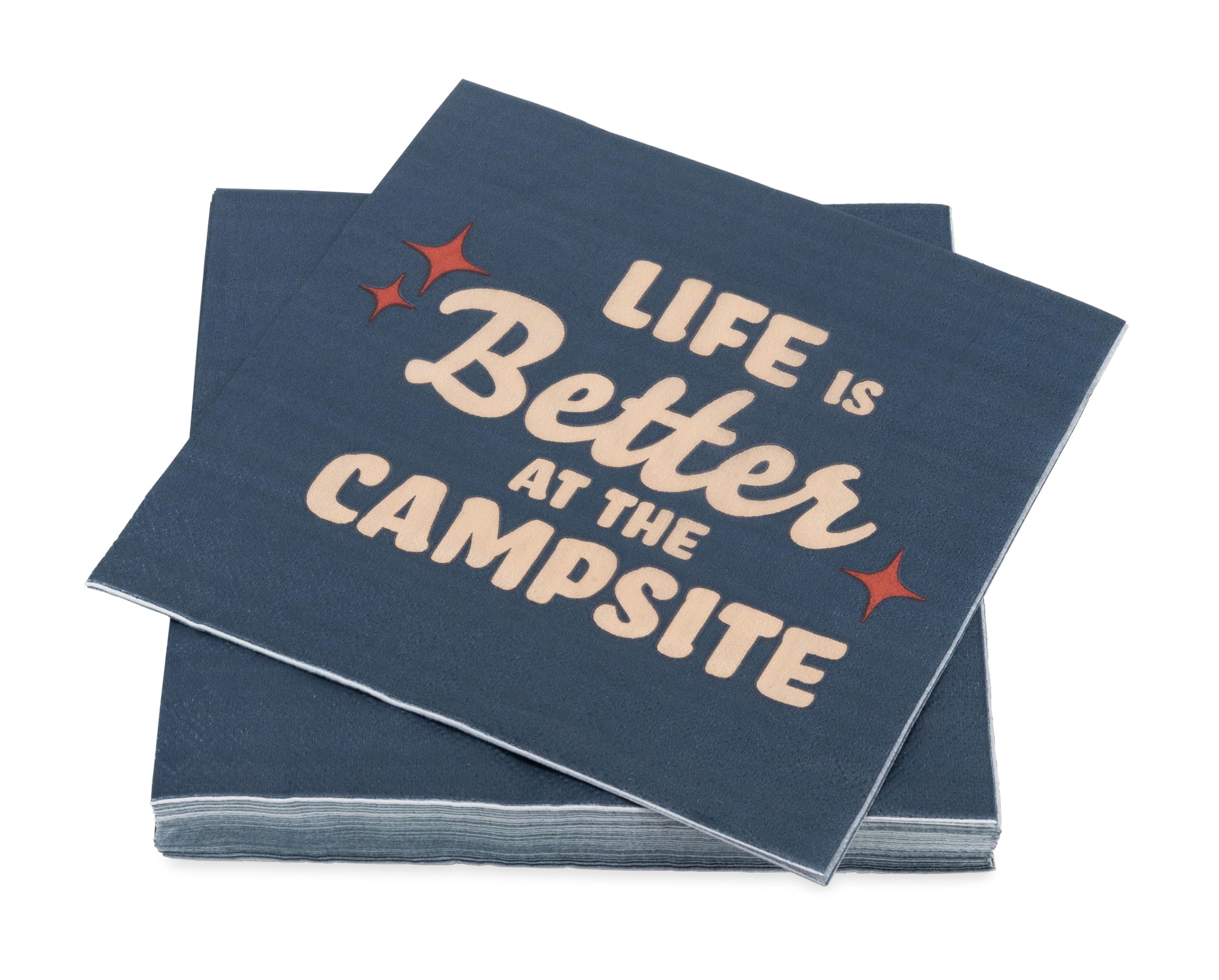 Life is Better at The Campsite Camco Paper Napkins | Features a Dark Blue with Red Retro Stars and Large Tan "Life is Better at The Campsite" Design | 30-Count (53496)