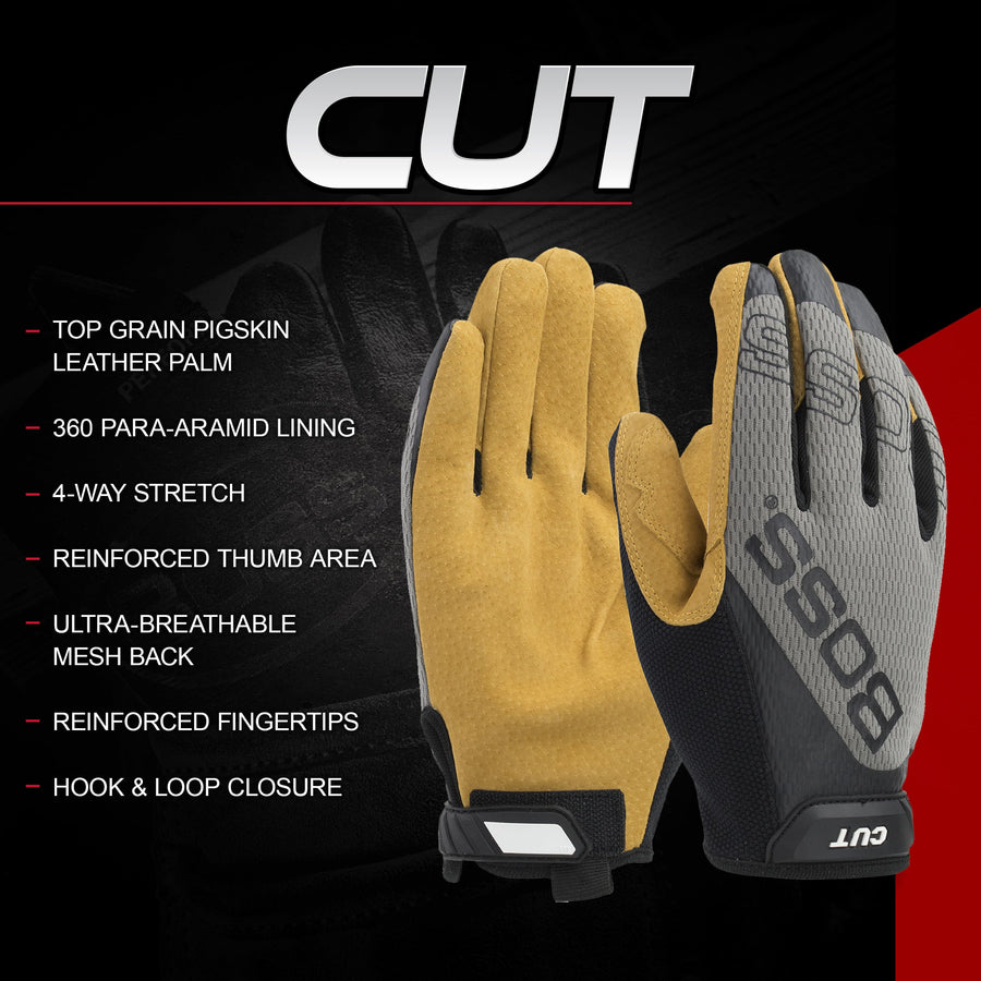 Boss Men's Safety Work Gloves, Premium Pigskin Leather Palm, Para-Aramid Cut Lining, ANSI 5 Cut Resistant, Touchscreen, Yellow, Gray, Large (120-MC1325T/L)