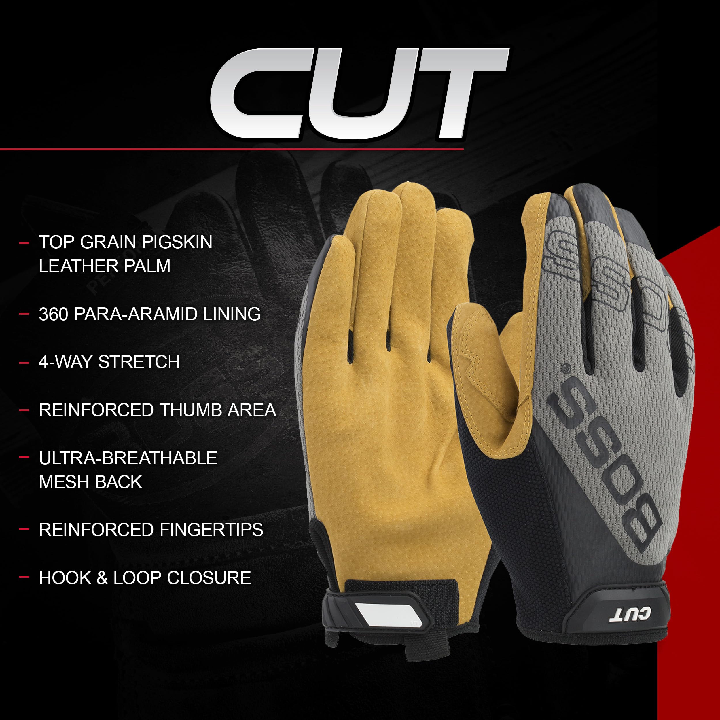 Boss Premium Men's Pigskin Leather Palm Safety Work Gloves, Para-Aramid Cut Lining, ANSI 5 Cut Resistant, Touchscreen, Yellow, Gray, X-Large (120-MC1325T/XL)