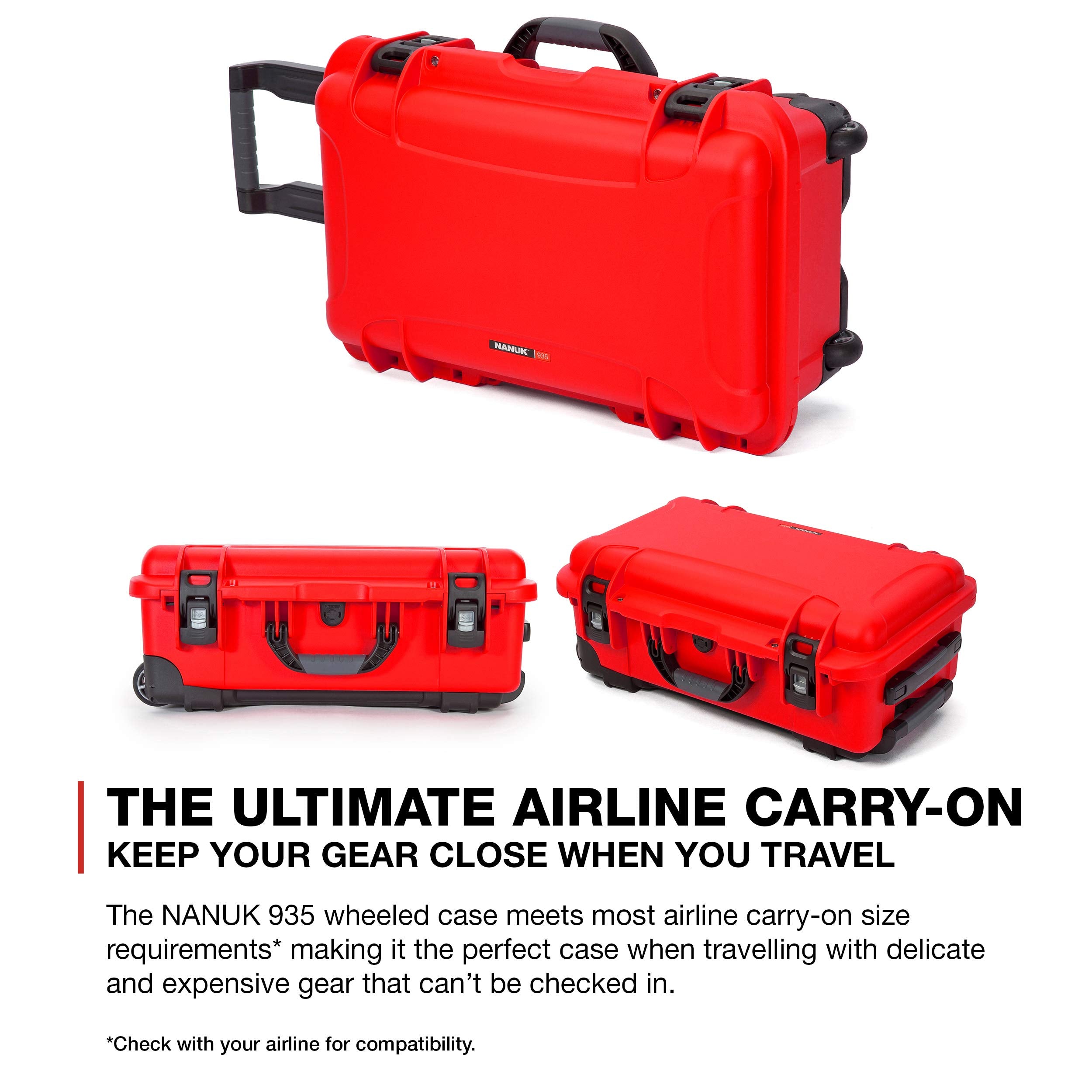 Protective Travel Case Nanuk 935 for 3 Bottles of Wine w/Wheels and Extendable Handle, TSA Approved - Red