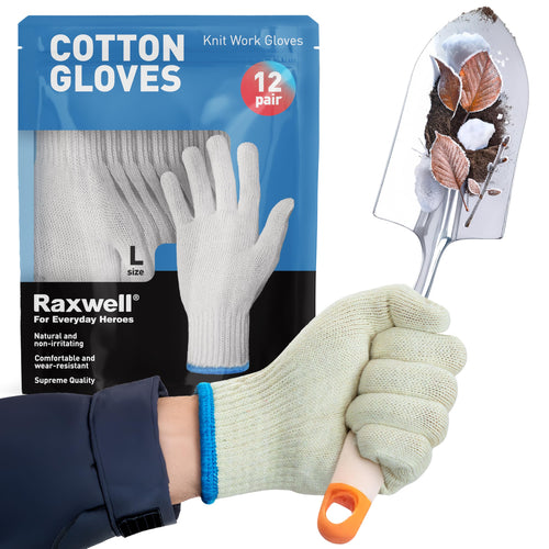 White Cotton Gloves Raxwell - Premium Knit Work Gloves, 12 pairs - Durable Liners for BBQ, Painting, Gardening, Industrial, & Mechanics, Natural Color, Size Large
