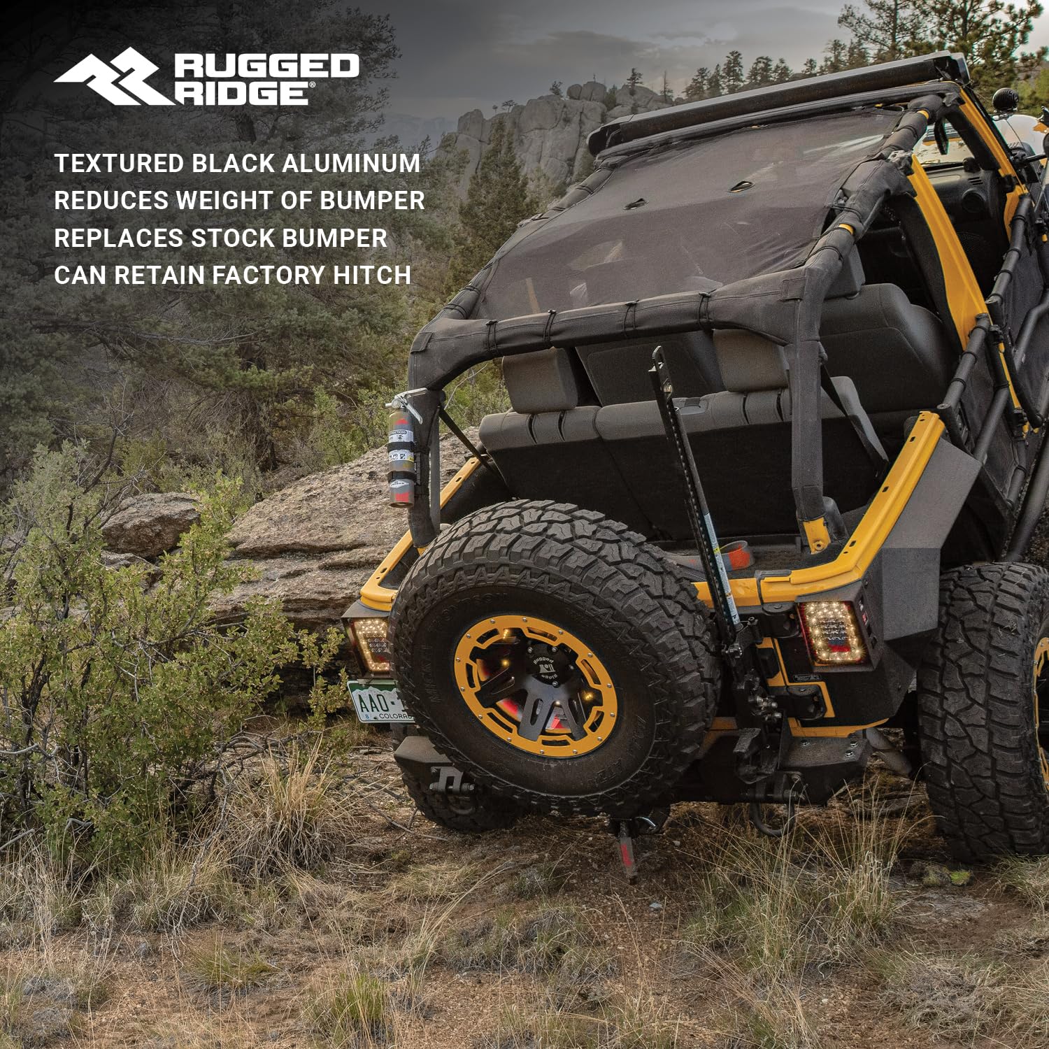 Rugged Ridge Rear Bumper, XHD | Pods, Aluminum, Textured Black | 11547.01 | Fits 2007-2018 Jeep Wrangler JK