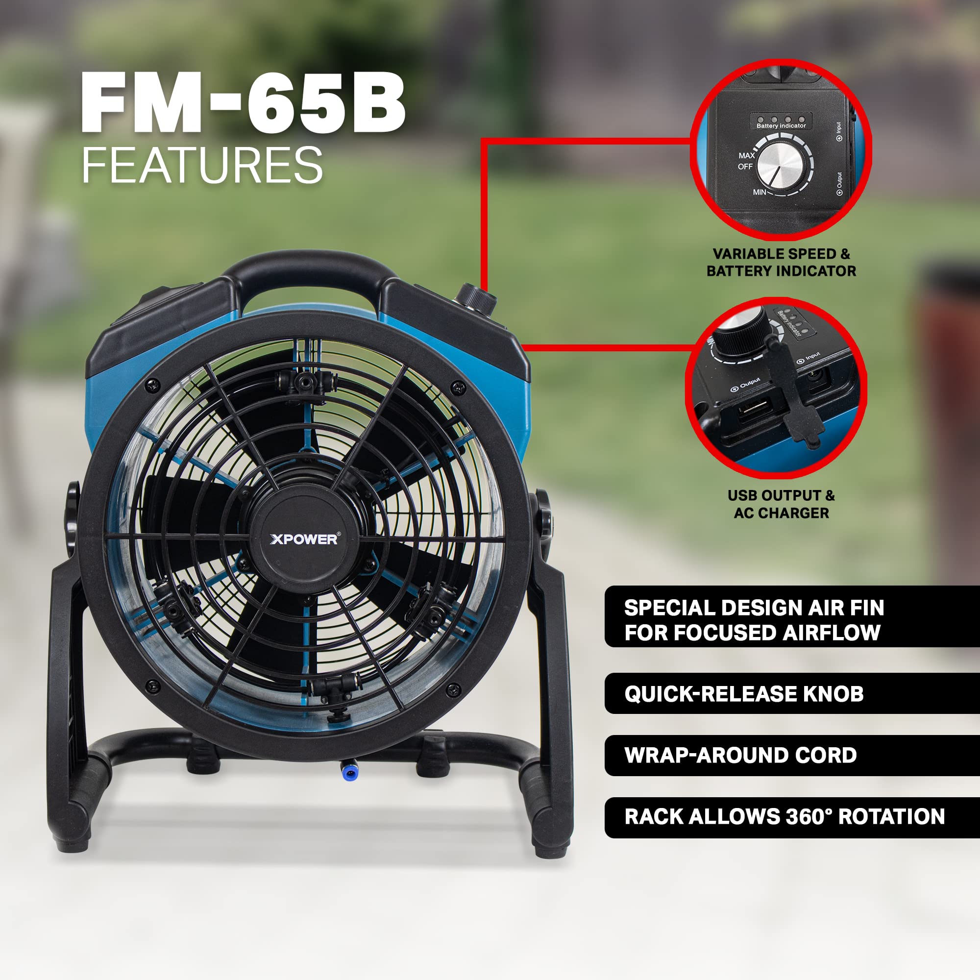 FM-65B XPOWER Misting Fan, Battery Operated, Rechargeable, Outdoor Cooling, Oscillating, High Velocity, Variable Speed, Camping, Patios, 14 In