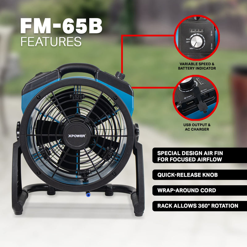 FM-65B XPOWER Misting Fan, Battery Operated, Rechargeable, Outdoor Cooling, Oscillating, High Velocity, Variable Speed, Camping, Patios, 14 In