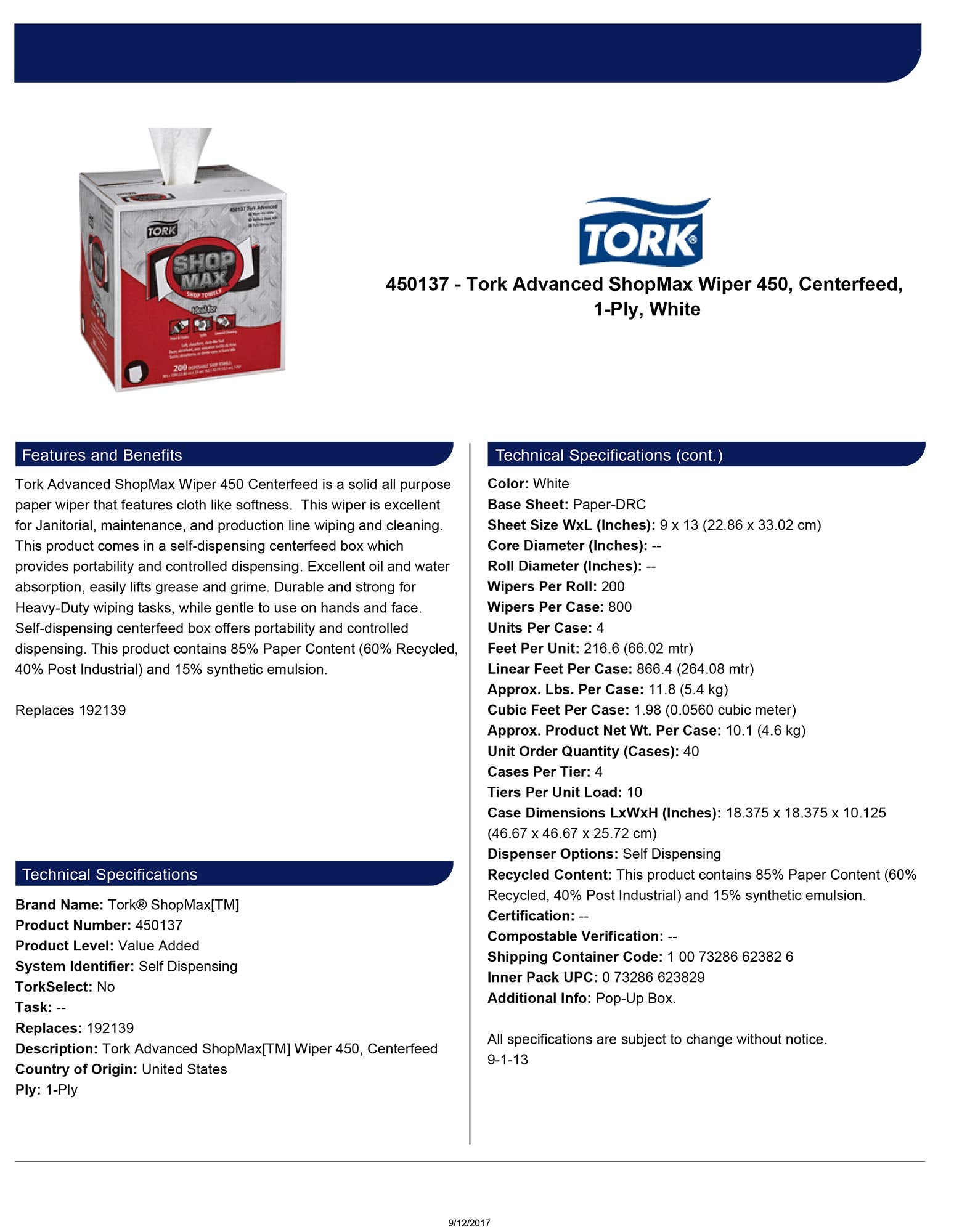 Tork Heavy Duty ShopMax Centerfeed Paper Towel White Self Dispensing, High Absorbency, 4 x 200 Sheets, 450137