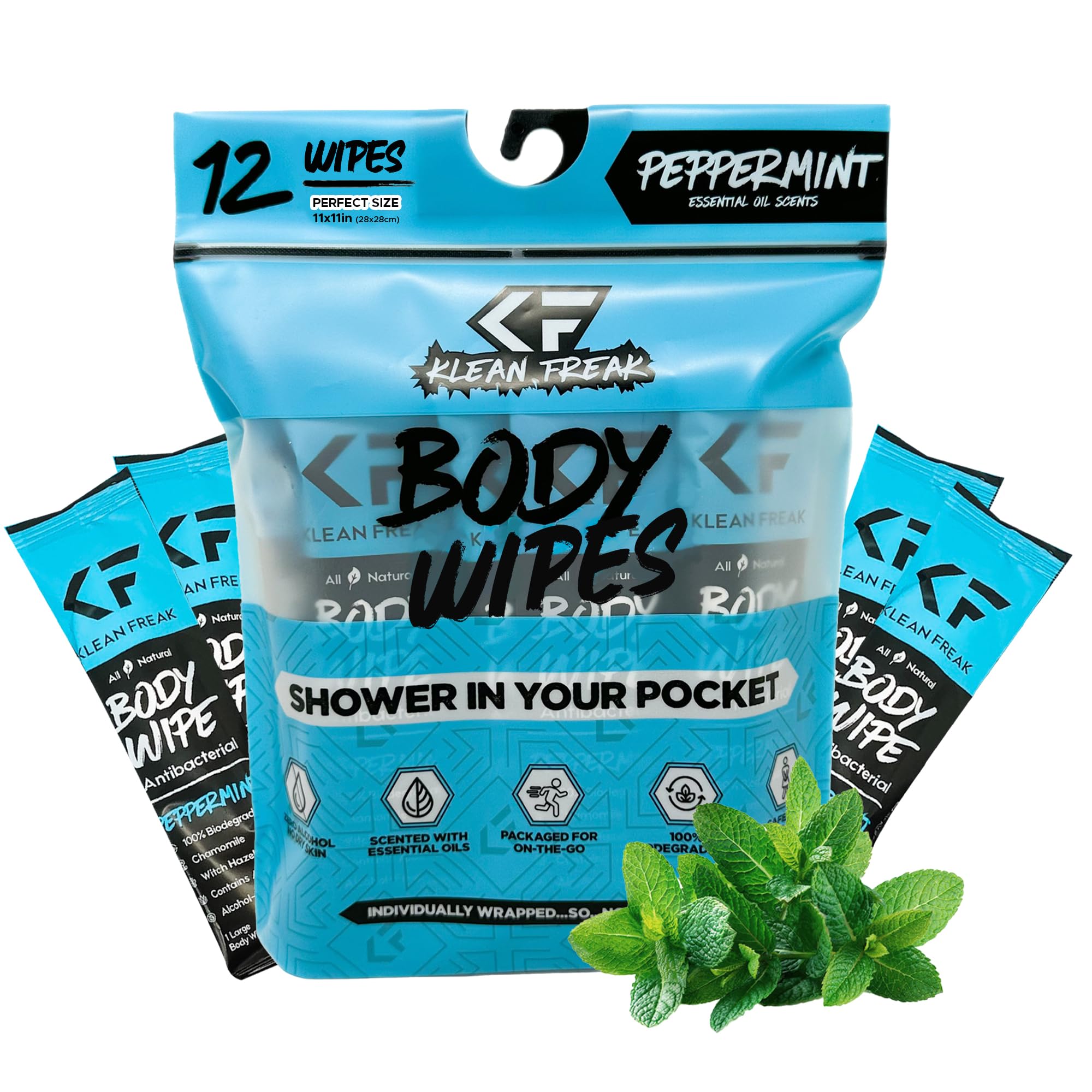 The Body Wipes Klean Freak - 12 count Individually Wrapped | Showerless Body Wipe for Women & Men | Sustainable Bodywipes for Gym, Travel, Camping | Peppermint