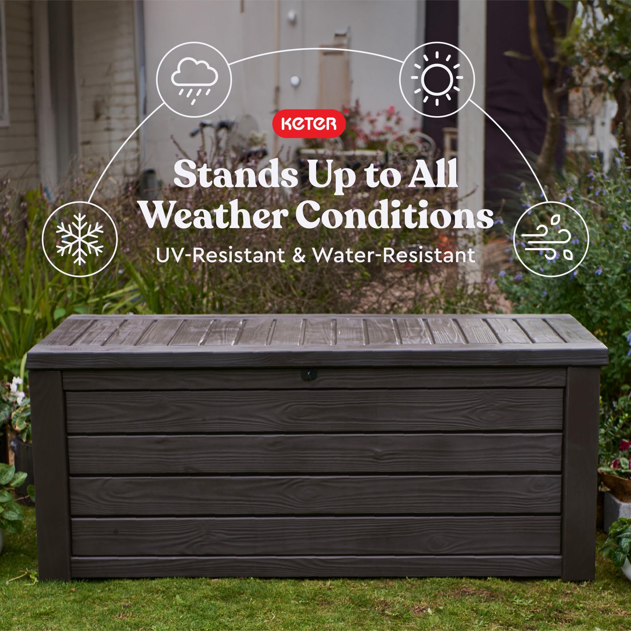 Keter 150 Gallon Westwood Deck Box Organizer, Doubles as 2-Person Bench Seat, Brown – Large Resin Outdoor Storage and Seating with Lockable Lid for Garden, Pool, and Patio