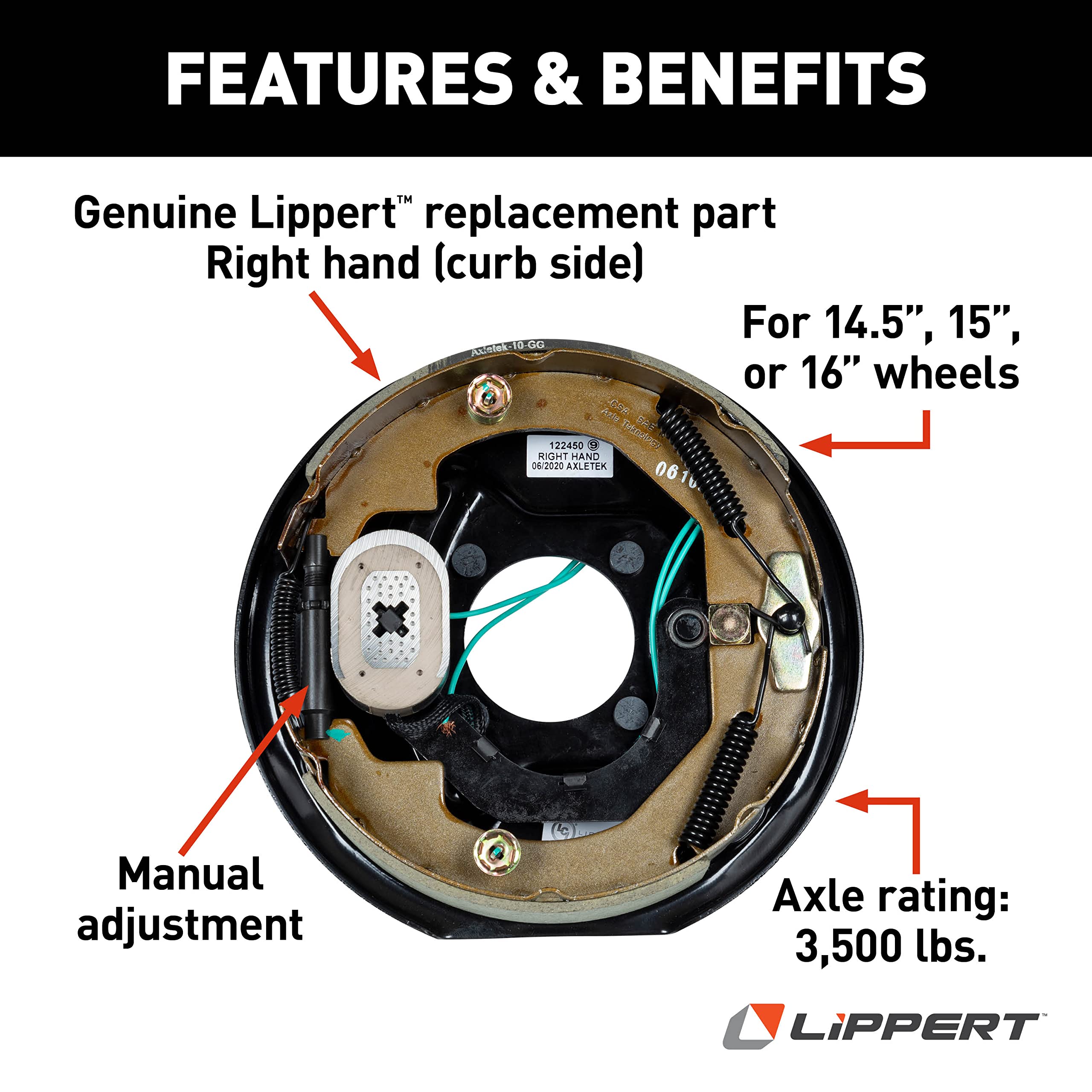 Lippert Components Electric Brake Assembly Replacement for RVs, Right Side, 10" x 2.25"; 3,500 lbs.