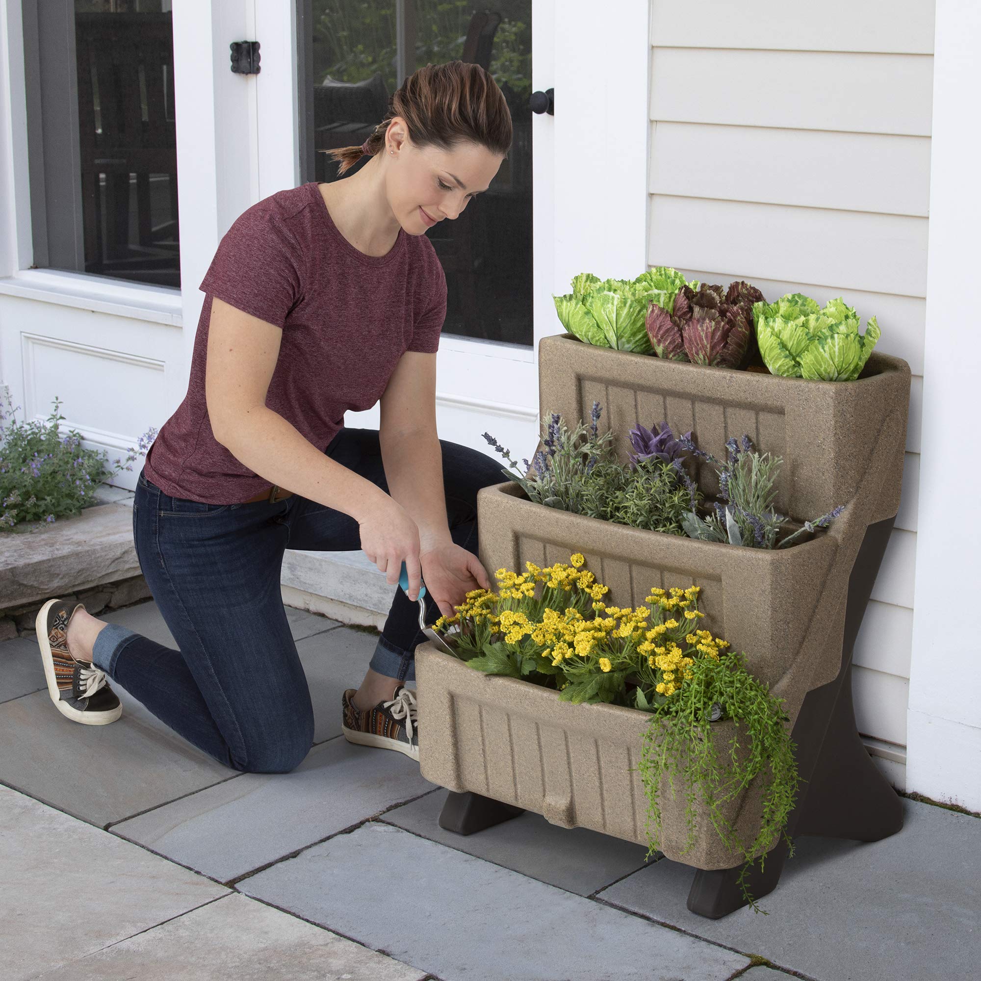 3-Level Simplay3 American Home Multi Tiered Planter, Larger Planter Boxes for Indoor and Outdoor Garden Beds, Natural Stone Color, Made in USA