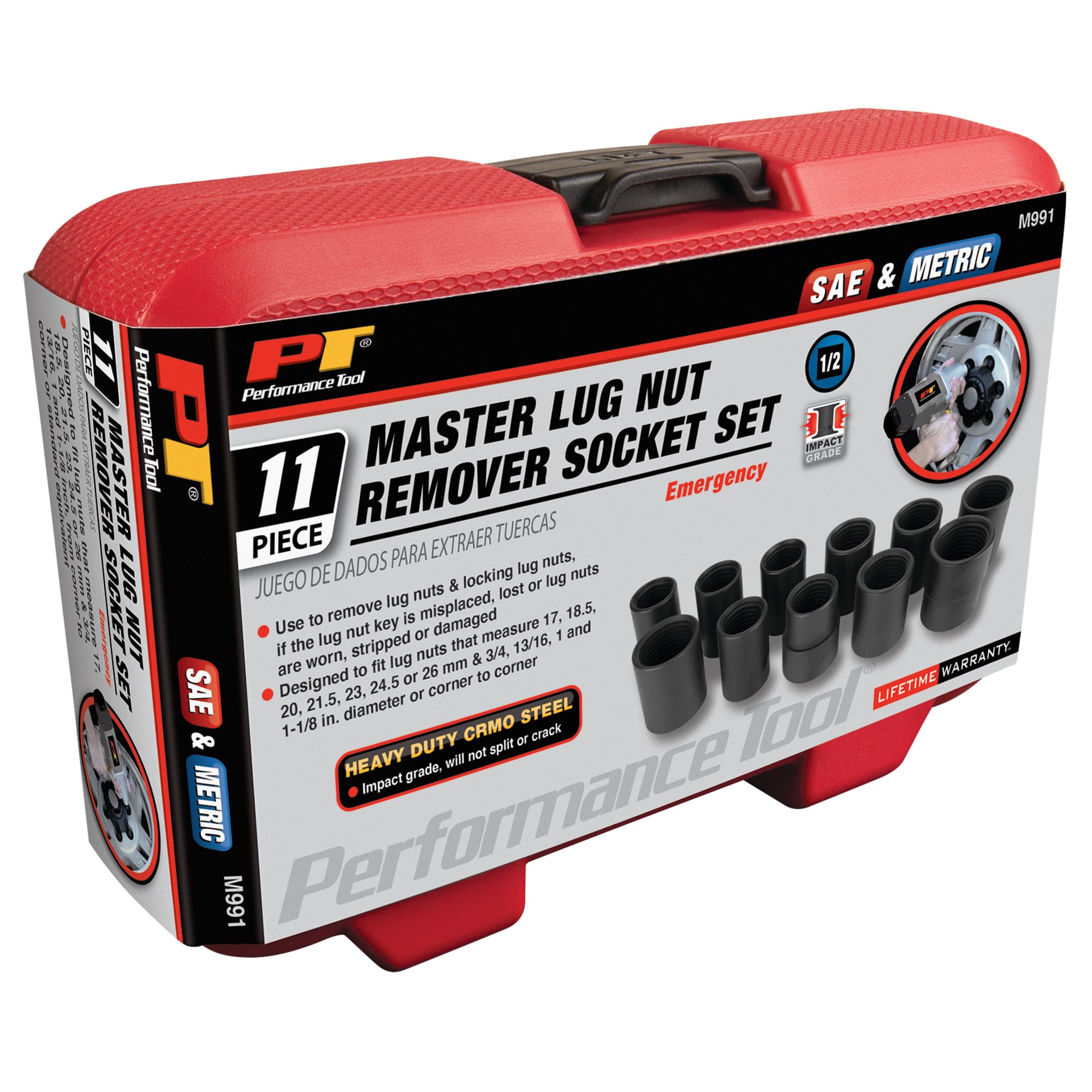 M991 Performance Tool 11pc Master Lug Nut Socket Set, Designed to fit Lug Nuts That Measure 17, 18.5, 20, 21.5, 23, 24.5 or 26mm and 3/4, 13/16, 1 and 1-1/8-Inch