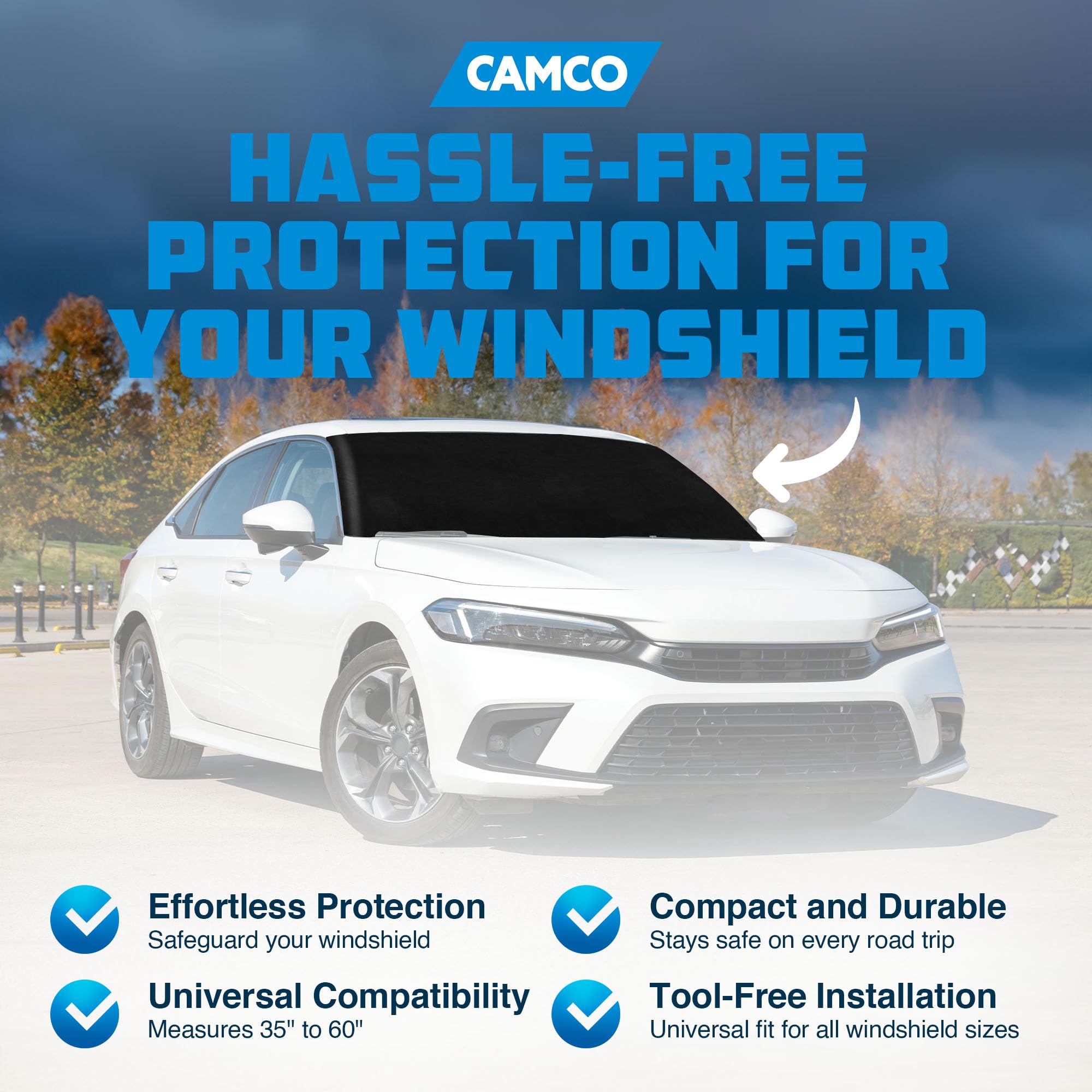 Camco Compact Durable Universal On the Go Vinyl RV Tow Car Windshield Protector from Chips and Cracks with Tool Free Installation, Black