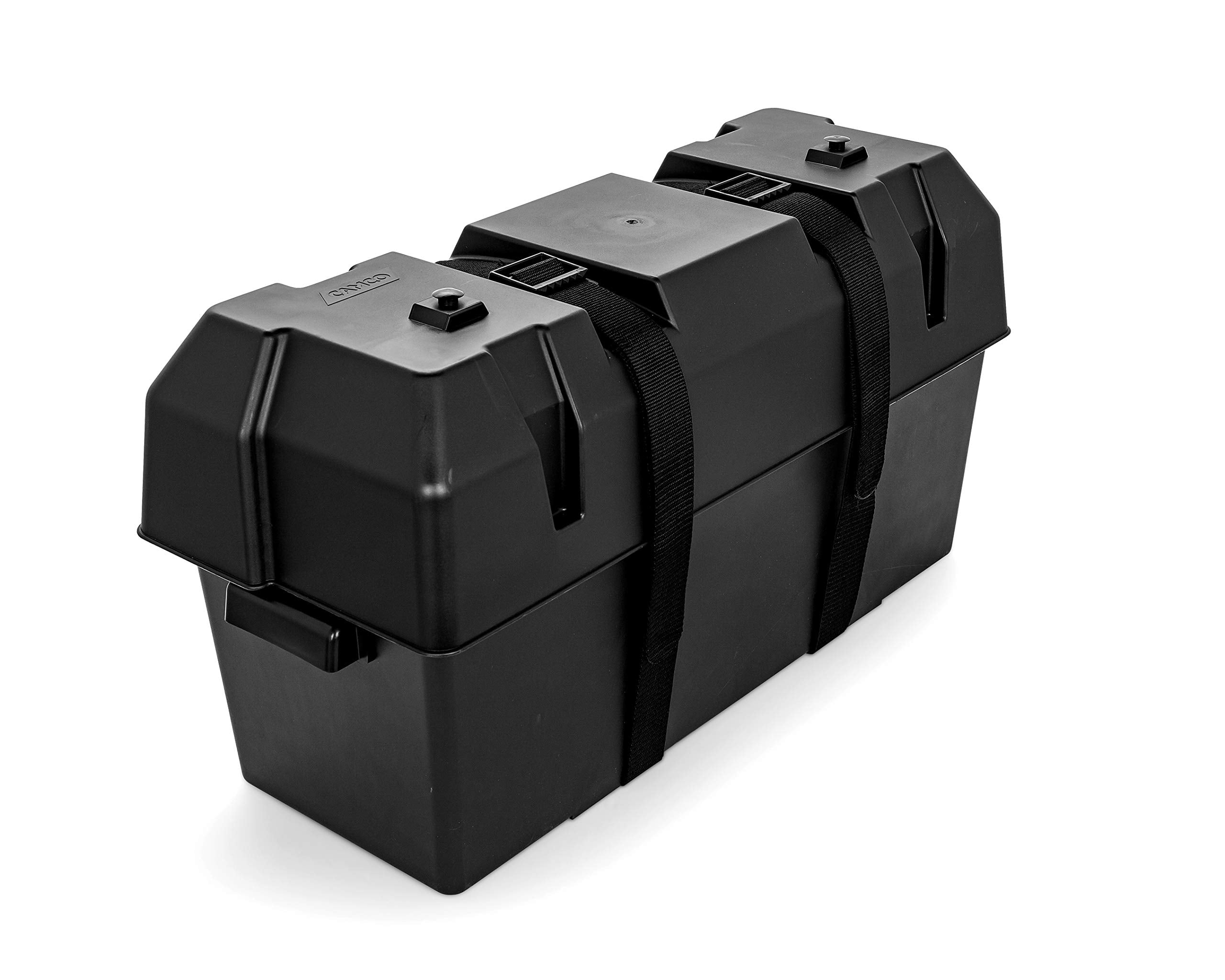 Heavy Duty Camco Double Battery Box with Straps and Hardware - Group GC2 | Safely Stores RV, Automotive, and Marine Batteries | Measures Inside 21-1/2" x 7-3/8" x 11-3/16" | (55374)