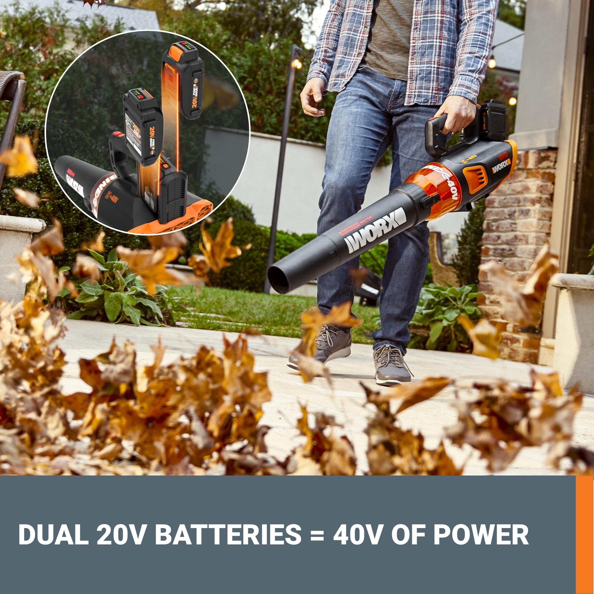 Cordless WORX Leaf Blower, Electric Blower for Lawn Care wth Brushless Motor, 2 × 2.5 Ah Batteries & Charger Included, WG584