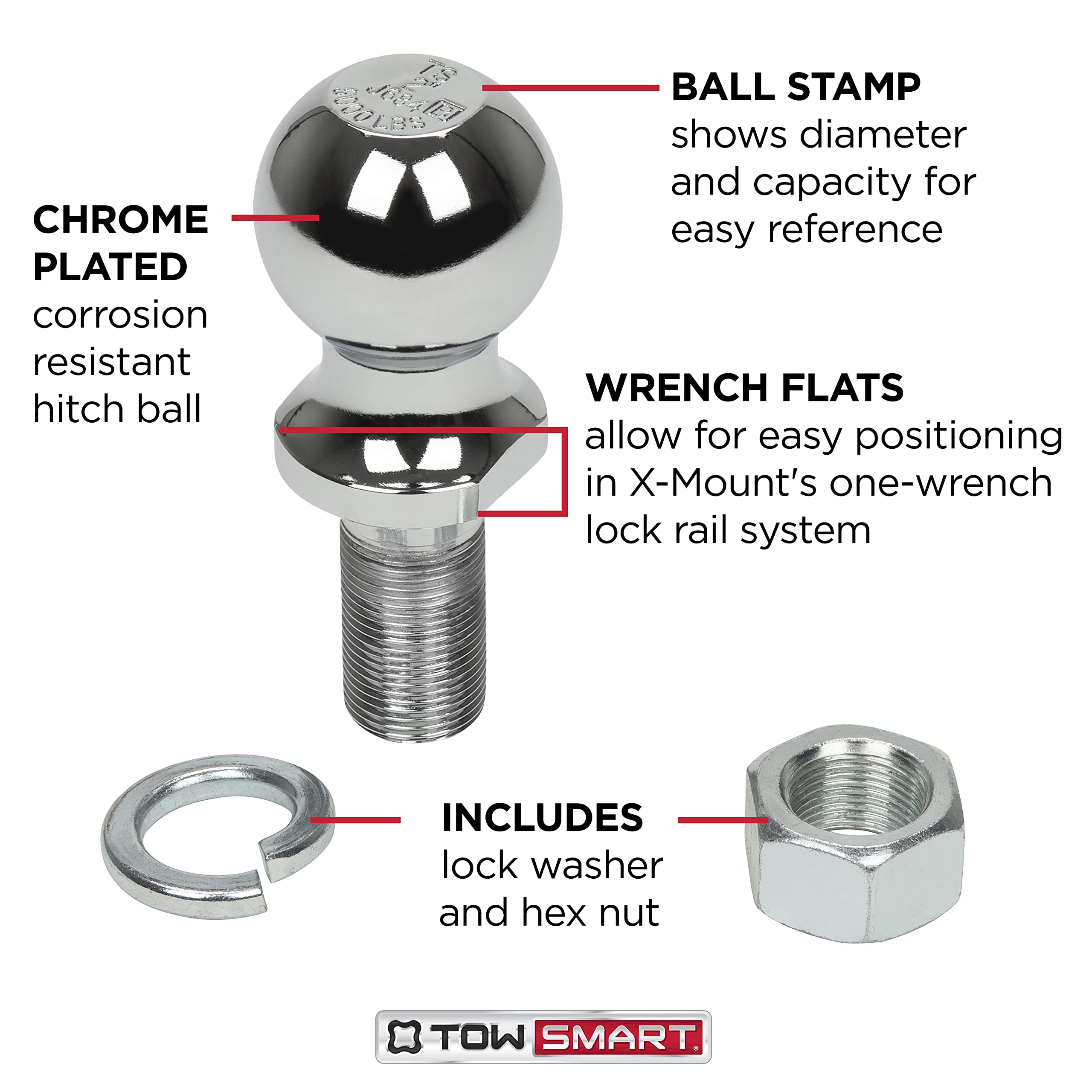 Class I TOWSMART Chrome Trailer Hitch Ball, 2,000 lb., 1-7/8 in. Ball Diameter, 3/4 in. x 1-1/2 in. Shank