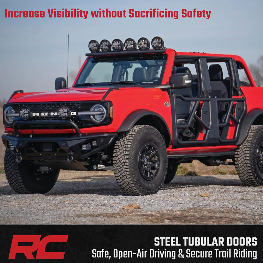Steel Tube Doors Rough Country for Ford Bronco 4-Door (2021-2025) - Aggressive Open-Air Look, Easy Bolt-On Install, Enhanced Visibility & Safety