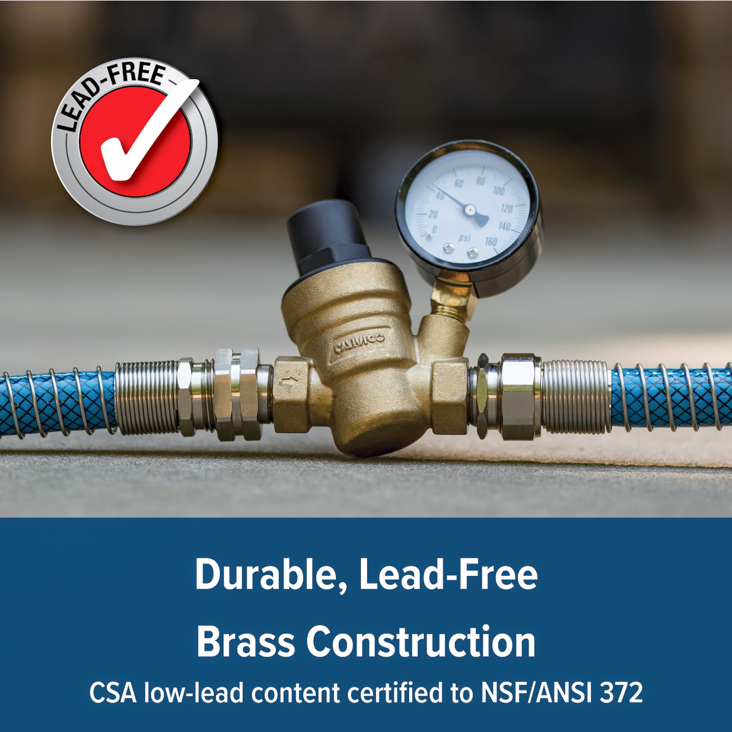 Camco Brass Adjustable RV/Marine Water Pressure Regulator | Help Stop Damage to RV/Marine Appliances, Plumbing Fixtures, and Hoses | Features Standard Garden Hose Threads for Simple Hookup | (40058)