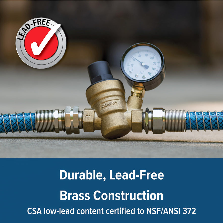 Camco Brass Adjustable RV/Marine Water Pressure Regulator | Help Stop Damage to RV/Marine Appliances, Plumbing Fixtures, and Hoses | Features Standard Garden Hose Threads for Simple Hookup | (40058)