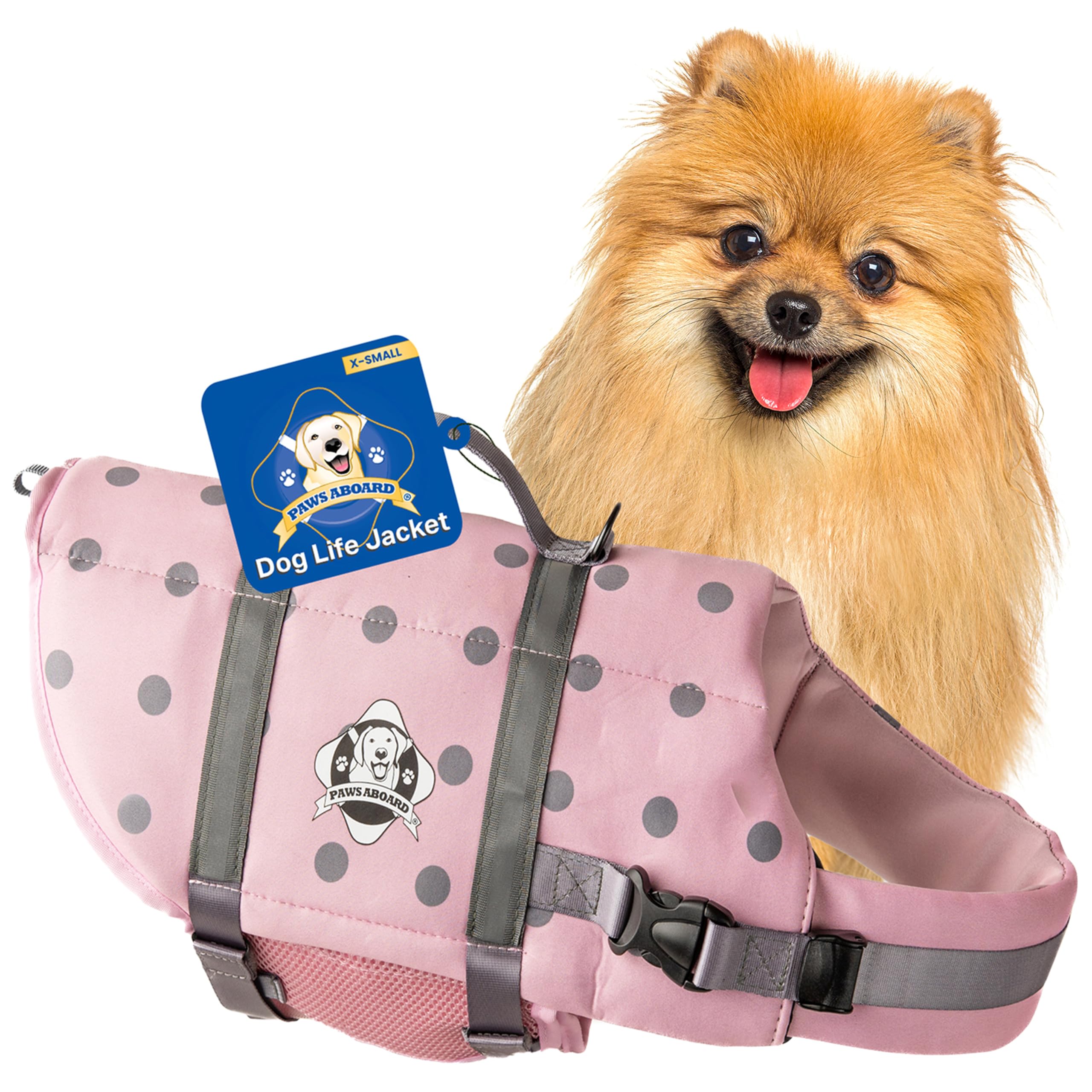 Dog Life Jacket Paws Aboard - Swimming Vest for Dogs, Adjustable, Reflective, Comfortable, Multiple Colors, Patterns, XX-Small to Extra Large Dog Swim Vest with Handle (Pink/Silver, X-Small)