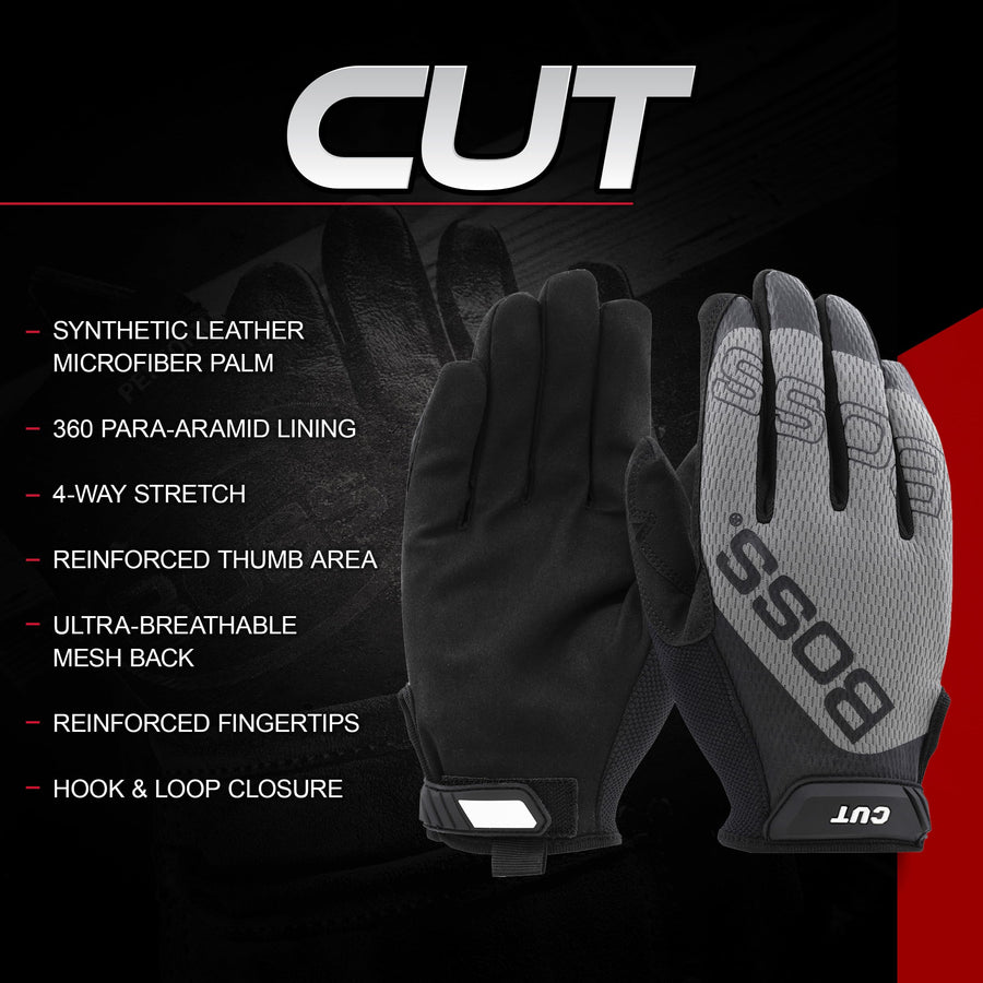 Boss Men's Safety Work Gloves, Synthetic Microfiber Palm, Para-Aramid Cut Lining, ANSI 5 Cut Level, Touchscreen, Enhanced Grip, Gray/Black, X-Large, (120-MC1225T/XL)