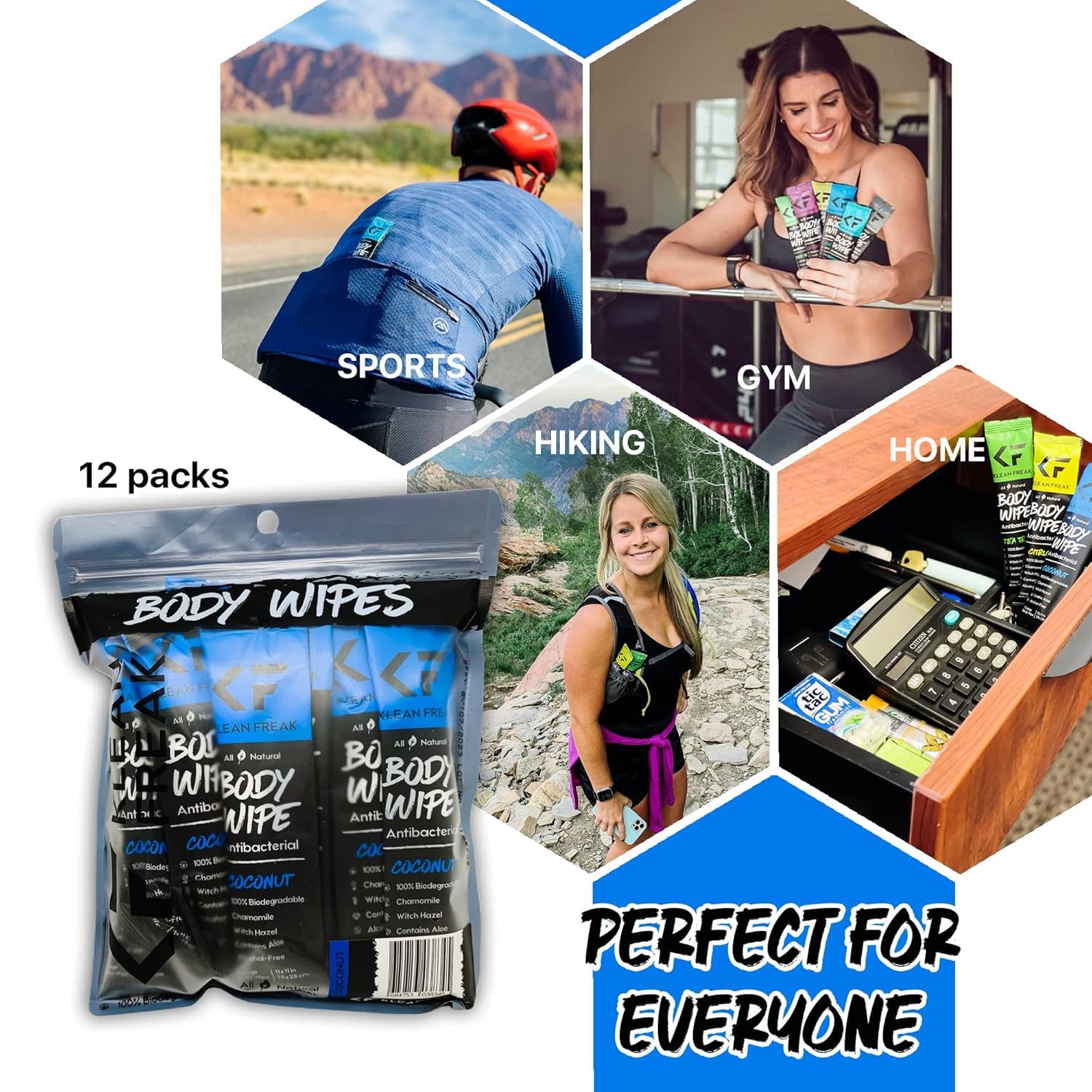 The Body Wipes Klean Freak - 12 count Individually Wrapped | Showerless Body Wipe for Women & Men | Sustainable Bodywipes for Gym, Travel, Camping | Coconut