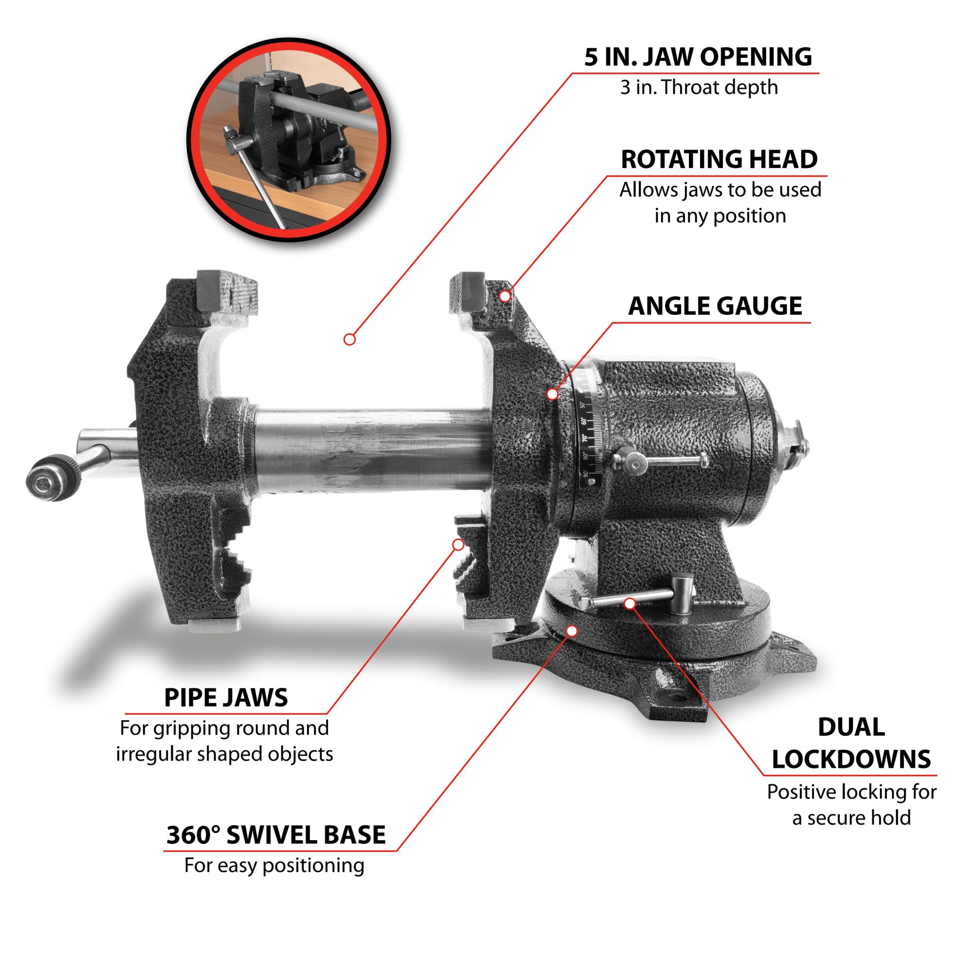 Performance Tool 5 in. Multi-Purpose Vise for Heavy-Duty Clamping and Precision Work, Ideal for Woodworking, Metalworking, and DIY Projects