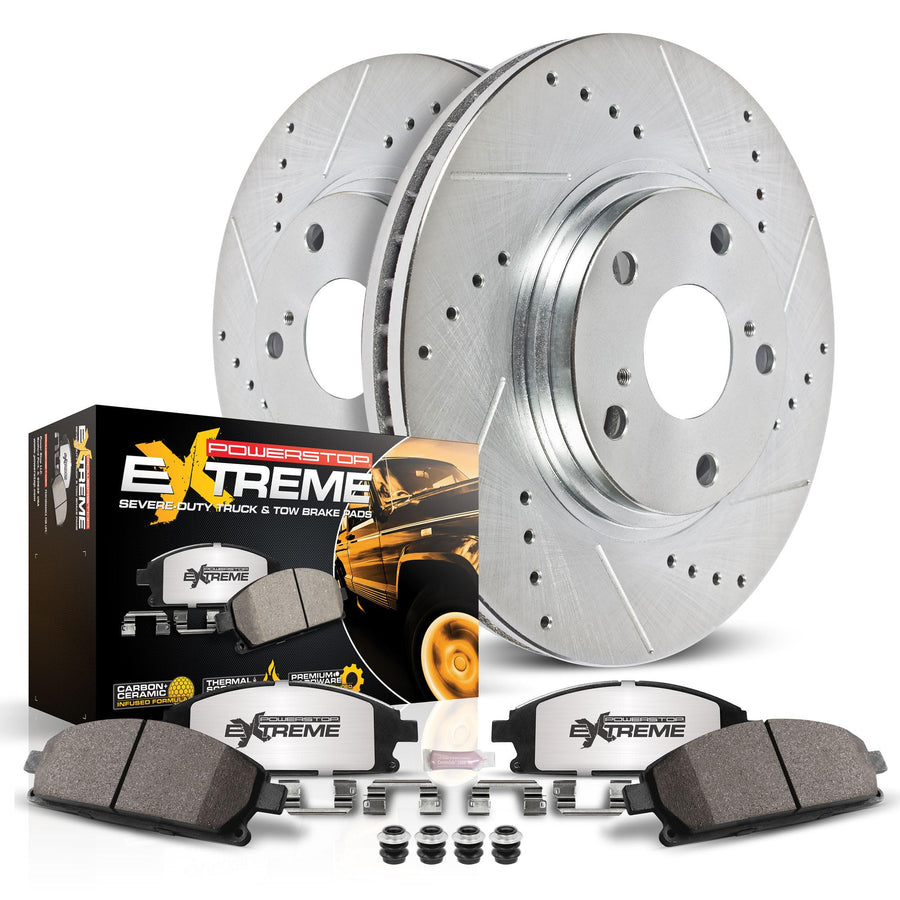 Rear Brake Kit Power Stop For 2002 2003 2004 2005 2006 Cadillac Escalade - Truck & Tow Carbon Fiber Ceramic Brake Pads & Drilled and Slotted Rotors Replacement, K2046-36
