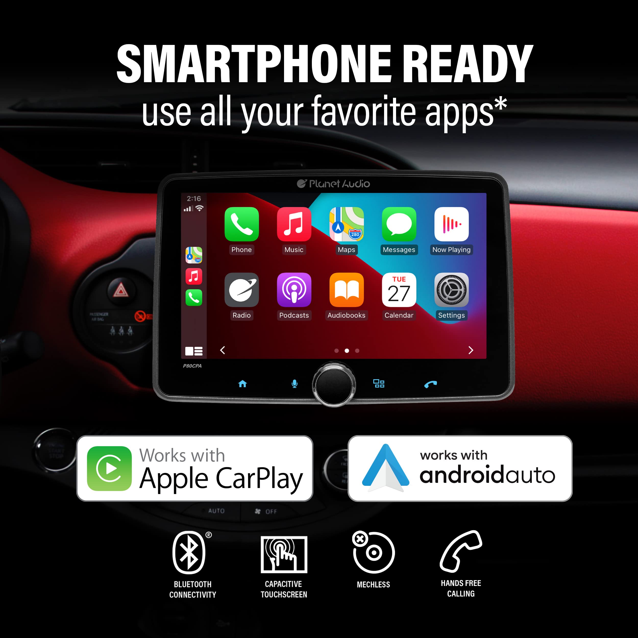 Car Stereo System Planet Audio P80CPAC, Apple CarPlay, Android Auto - Single Din, 8 Inch Touchscreen, Bluetooth Audio and Calling Head Unit, AM/FM Radio Receiver, No CD Player, USB, Hook to Amplifier