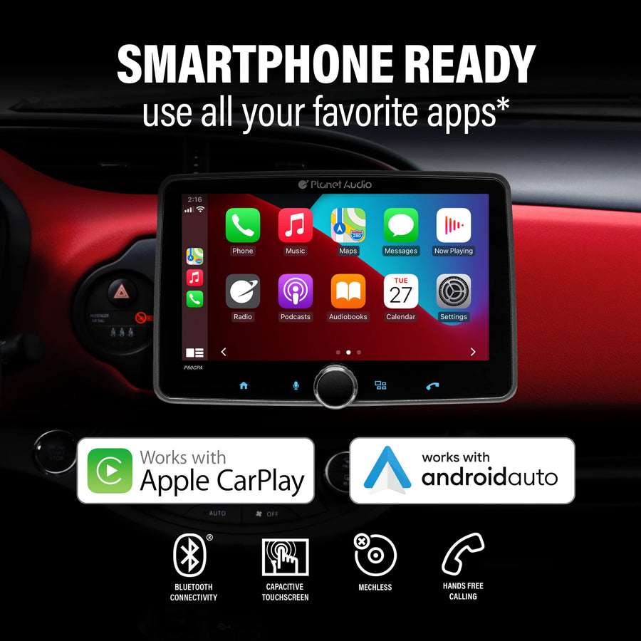 Car Stereo System Planet Audio P80CPAC, Apple CarPlay, Android Auto - Single Din, 8 Inch Touchscreen, Bluetooth Audio and Calling Head Unit, AM/FM Radio Receiver, No CD Player, USB, Hook to Amplifier