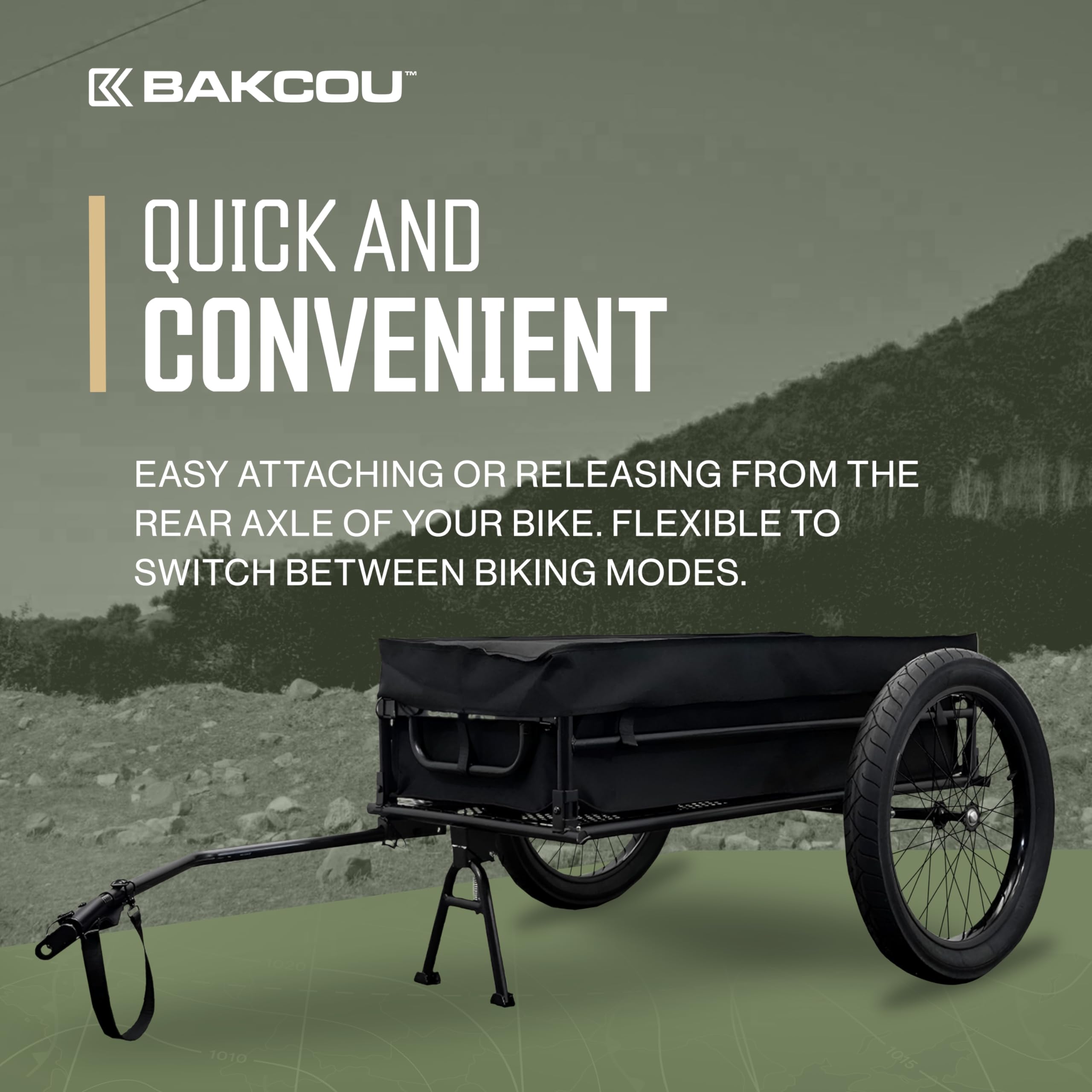 Folding Cargo eBike Trailer Bakcou - with 20" x 3" Fat Tires, Canvas Liner, Hitch, Axle Extenders & Kickstand - 150-200 lbs Capacity