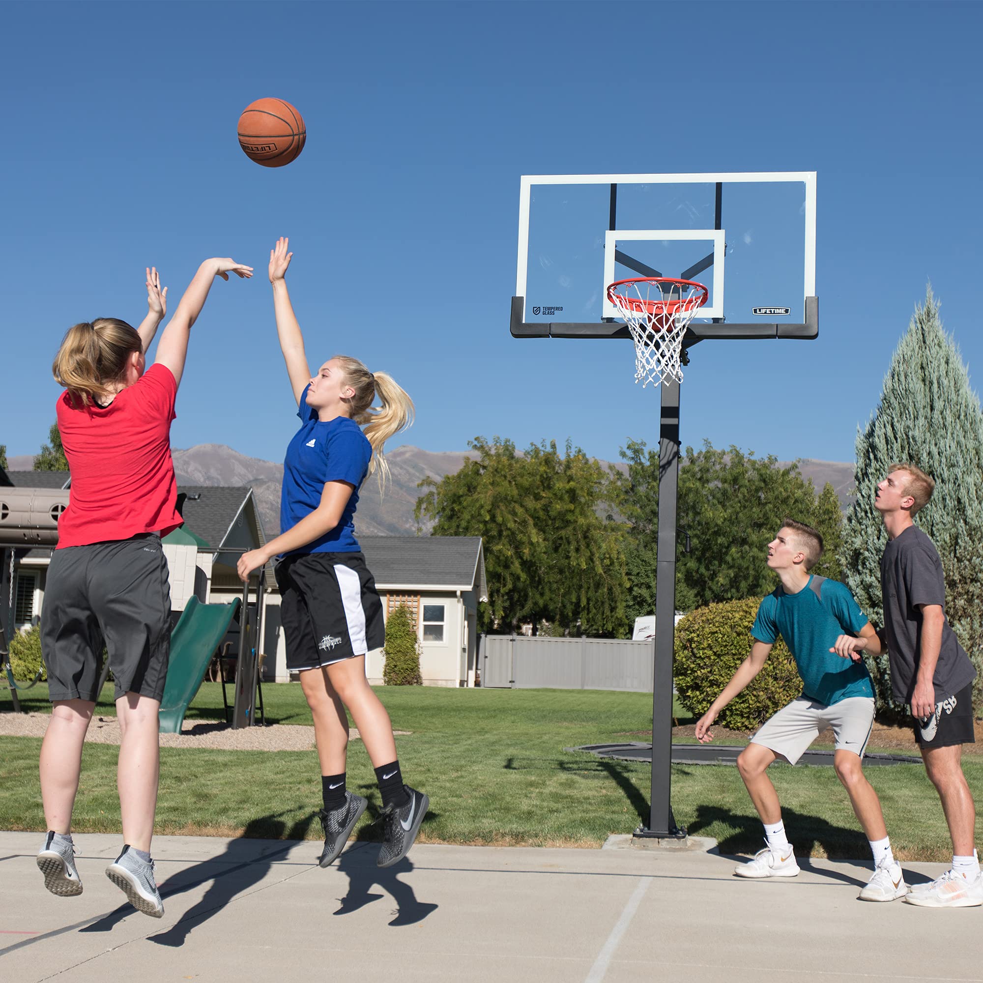 Crank Adjust Lifetime Bolt Down Basketball System, Tempered Glass Backboard, 60"