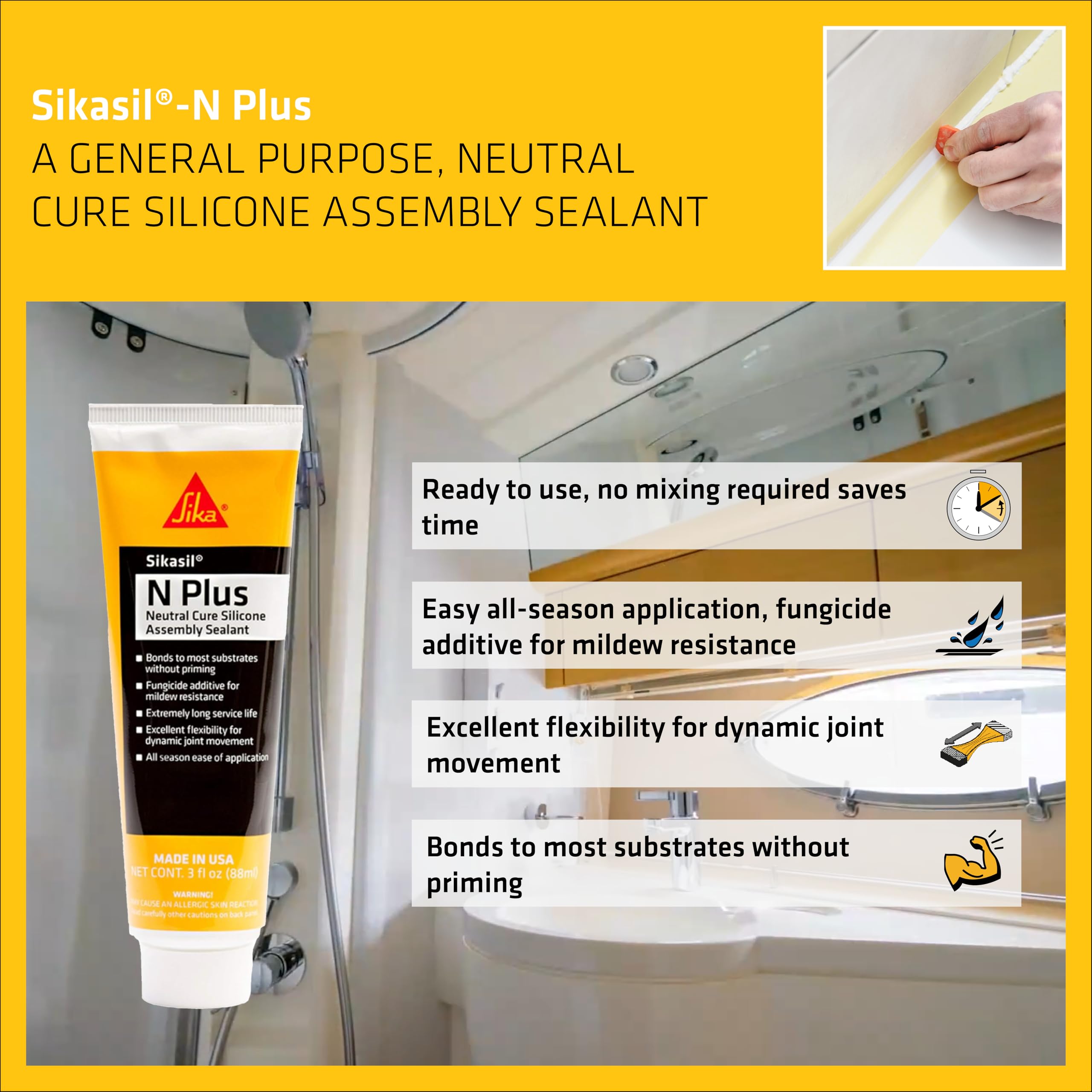 Sikasil-N Plus Clear Silicone Sealant, 3 fl oz – Multi-Surface High-Performance Adhesive for Window, Door, and General Sealant Applications