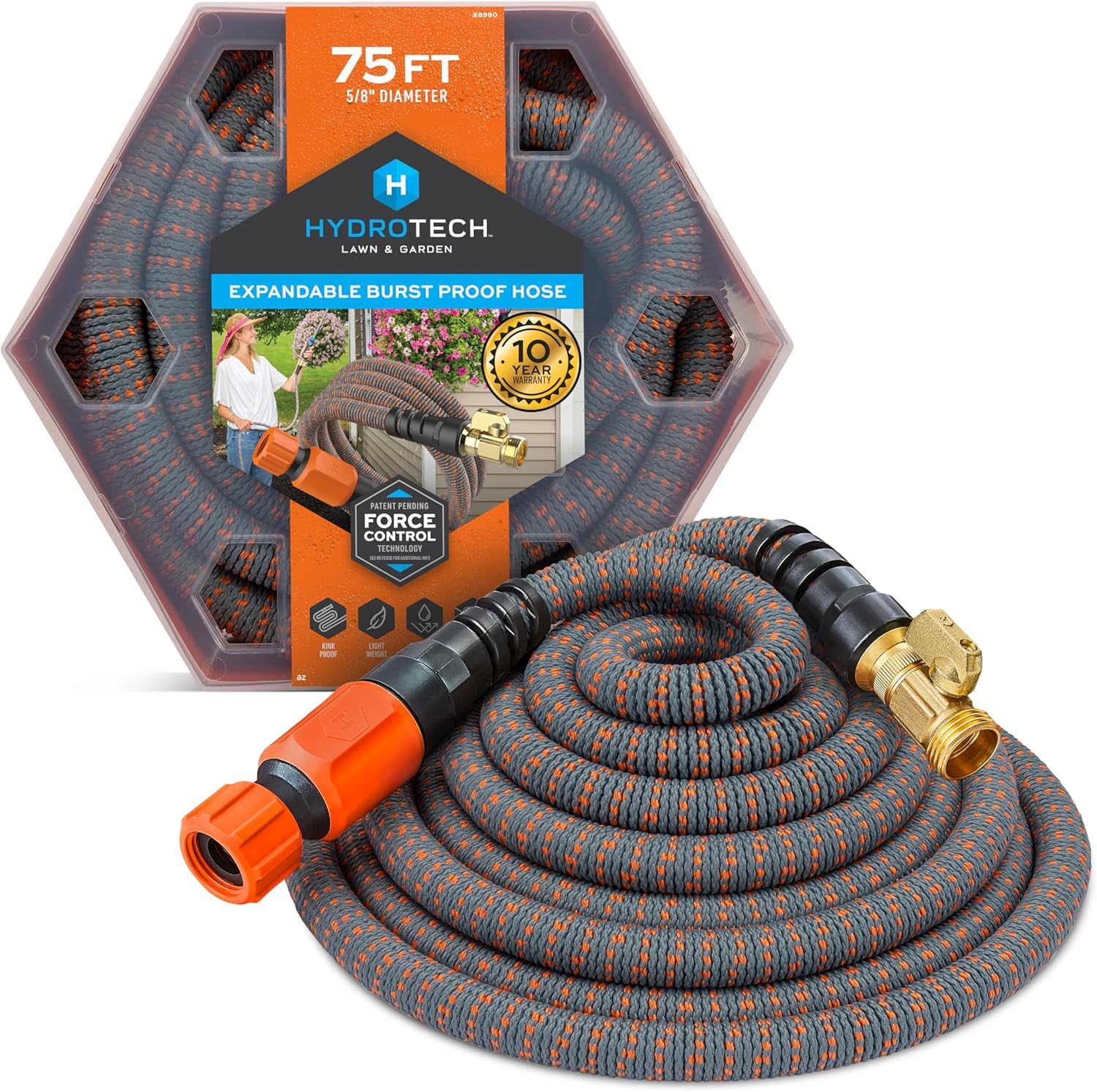 75 ft HydroTech Expandable Garden Hose - Burst Proof & Lightweight, Flexible Water Hose with Durable Reinforced Latex Core & Solid Brass Fittings for Lawn, Garden, Car Washing
