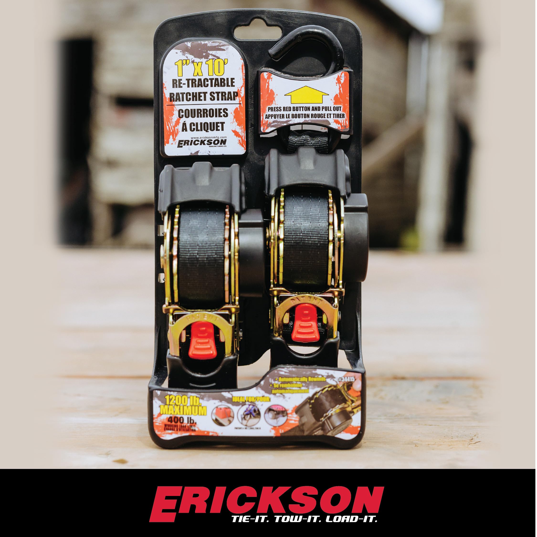 1in x 10ft Erickson Pro Series Black Retractable Ratcheting Tie-Down Straps, Heavy-Duty Secure Hold, 1500 lb Load Capacity, Pack of 2