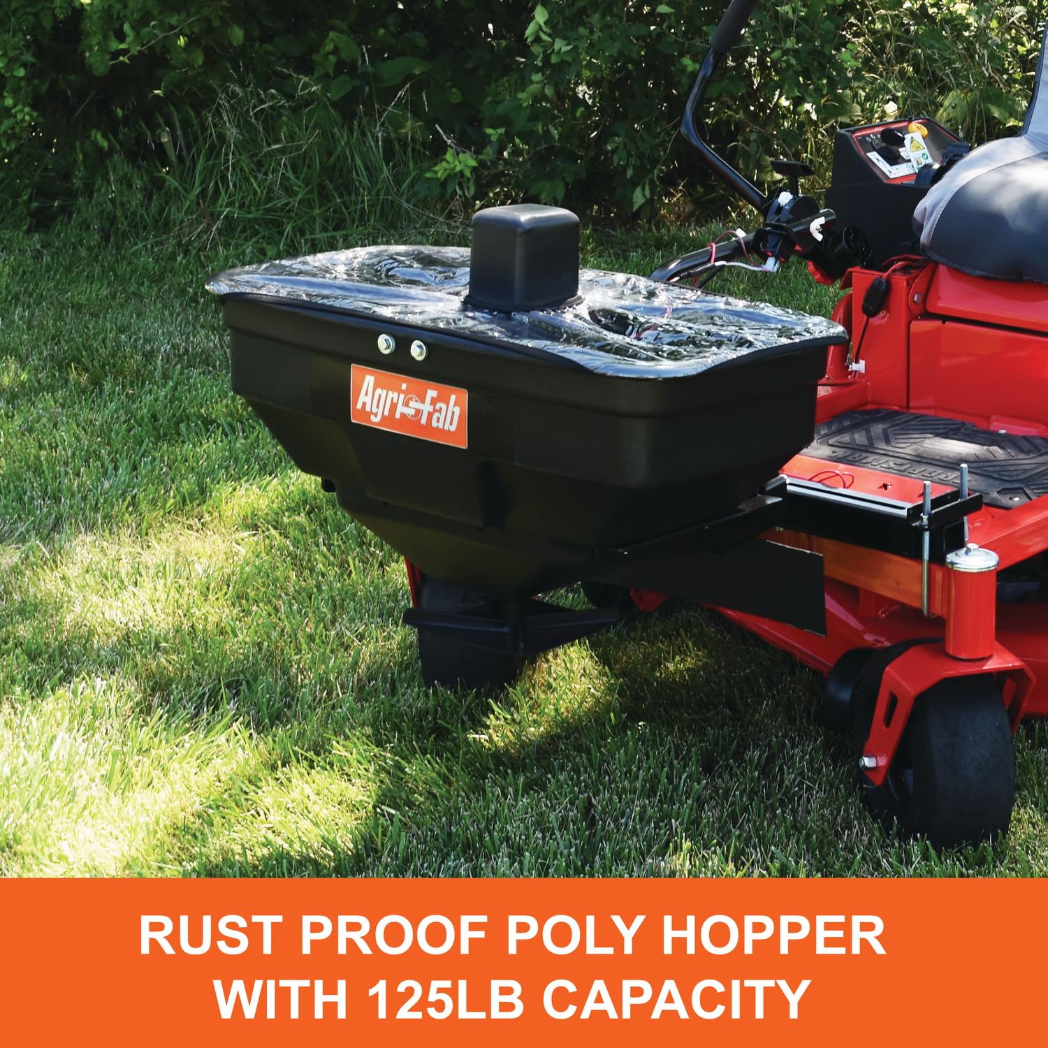 Agri-Fab Zero Turn Mower 45-0627 Electric Spreader, 125 lb Hopper Capacity, Grass, Seed, and Fertilizer Spreader, Spread Width up to 12 ft, Black