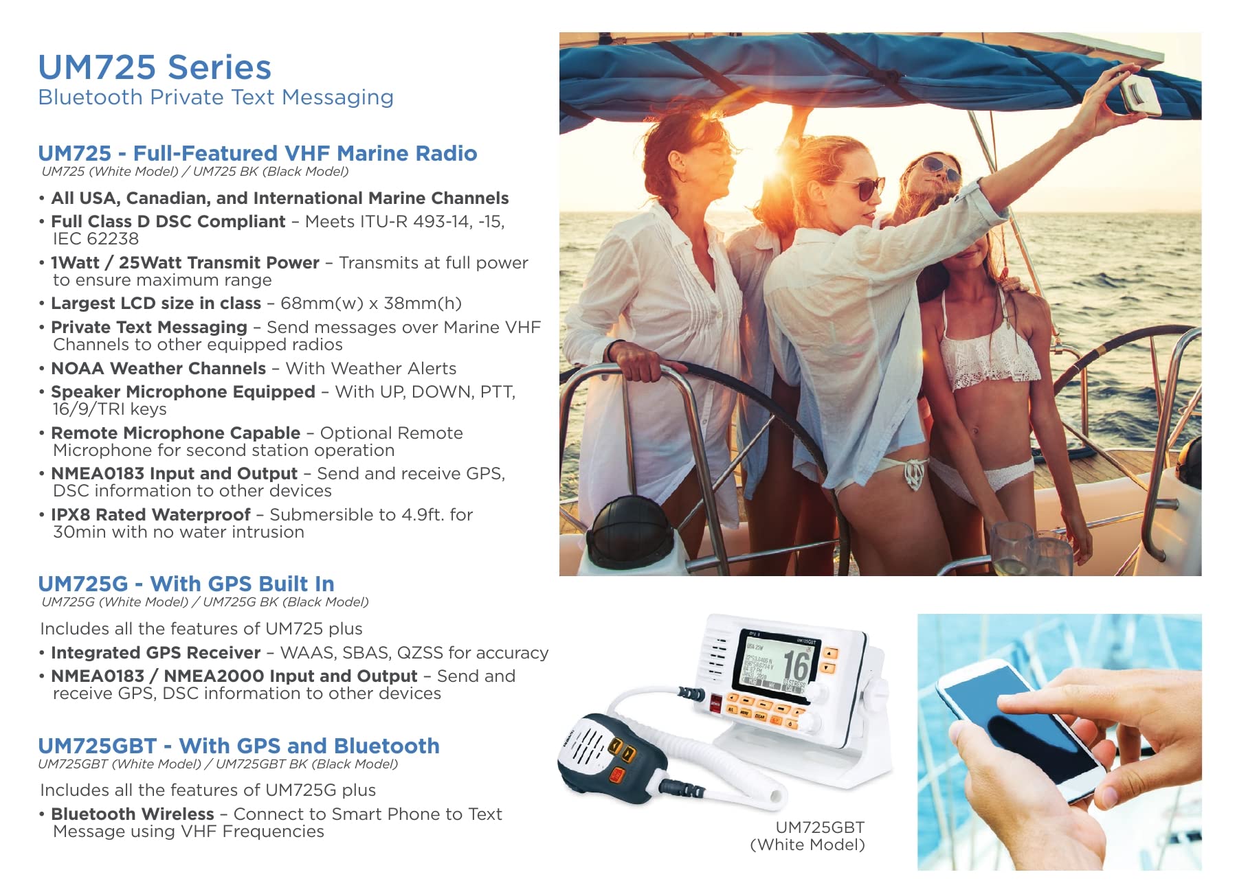 Marine VHF Radio Uniden UM725G, All USA, Canada, and Intl. Marine Channels, 1Watt/25Watt Transmit Power, Largest LCD Screen in Class, NOAA Weather Channels w/Alerts, Speaker Mic, GPS Built-in.