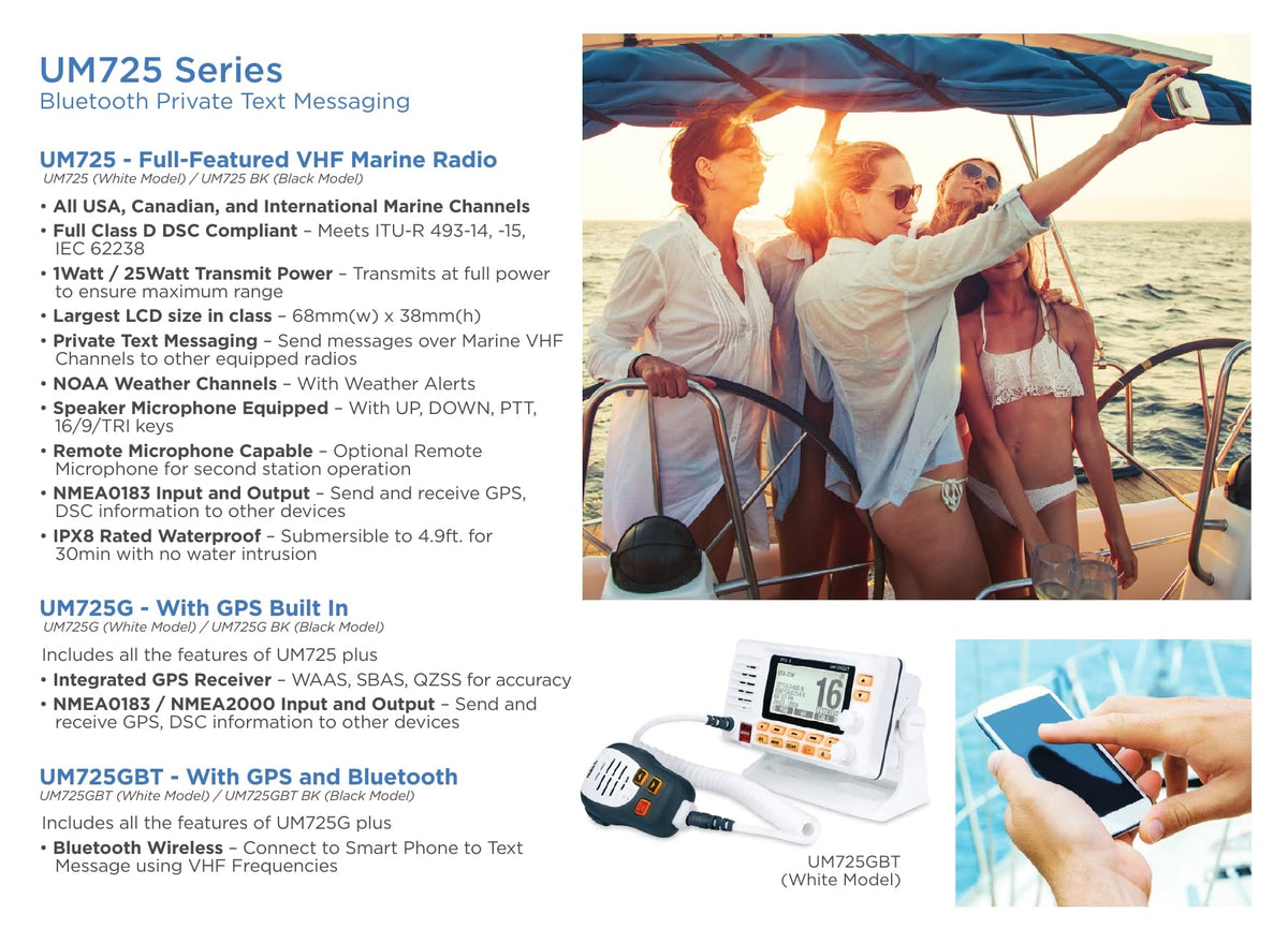 Marine VHF Radio Uniden UM725G, All USA, Canada, and Intl. Marine Channels, 1Watt/25Watt Transmit Power, Largest LCD Screen in Class, NOAA Weather Channels w/Alerts, Speaker Mic, GPS Built-in.