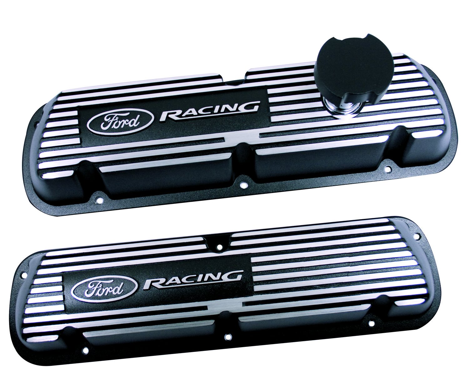 Ford Racing Valve Cover, Short, Baffled, Oil Fill Cap, Aluminum, Black Wrinkle Paint, Small Block Ford, Pair