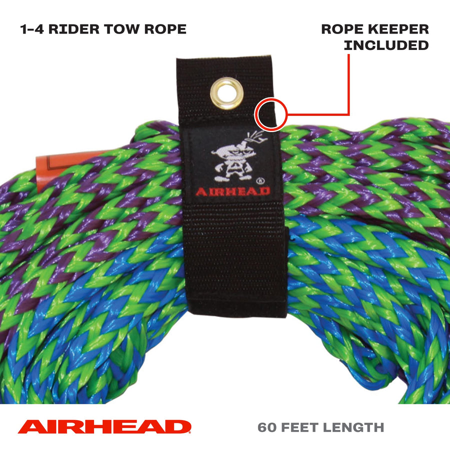 Airhead Tow Rope 2 Section, 1-4 Rider Towable Tube Compatible, Dual Sections, 4,150lb Break Strength, 50 ft and 60 ft Options, Keeper Included